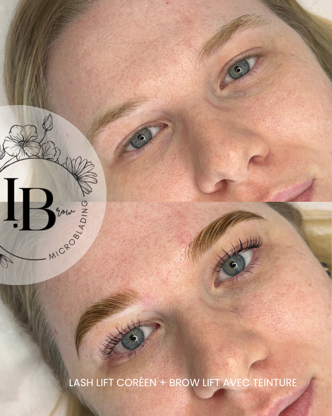 Lash Lift Coréen & Brow Lift + teinture hybride - Résultat : des sourcils liftés, effet maquillé pour mettre en valeur son regard.