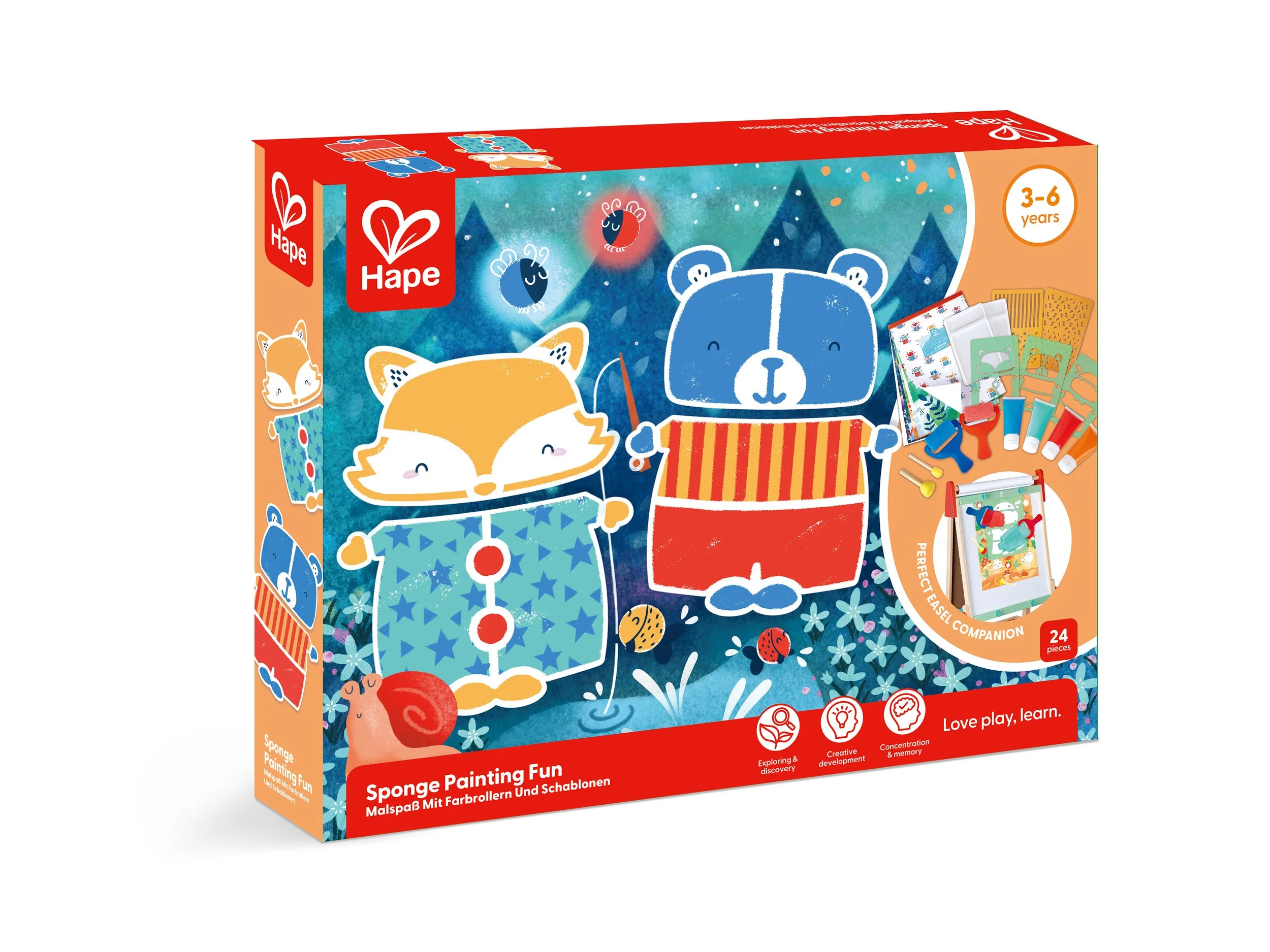Hape sponge painting set with cartoon animals on the packaging, encouraging creative play for ages 3-6.