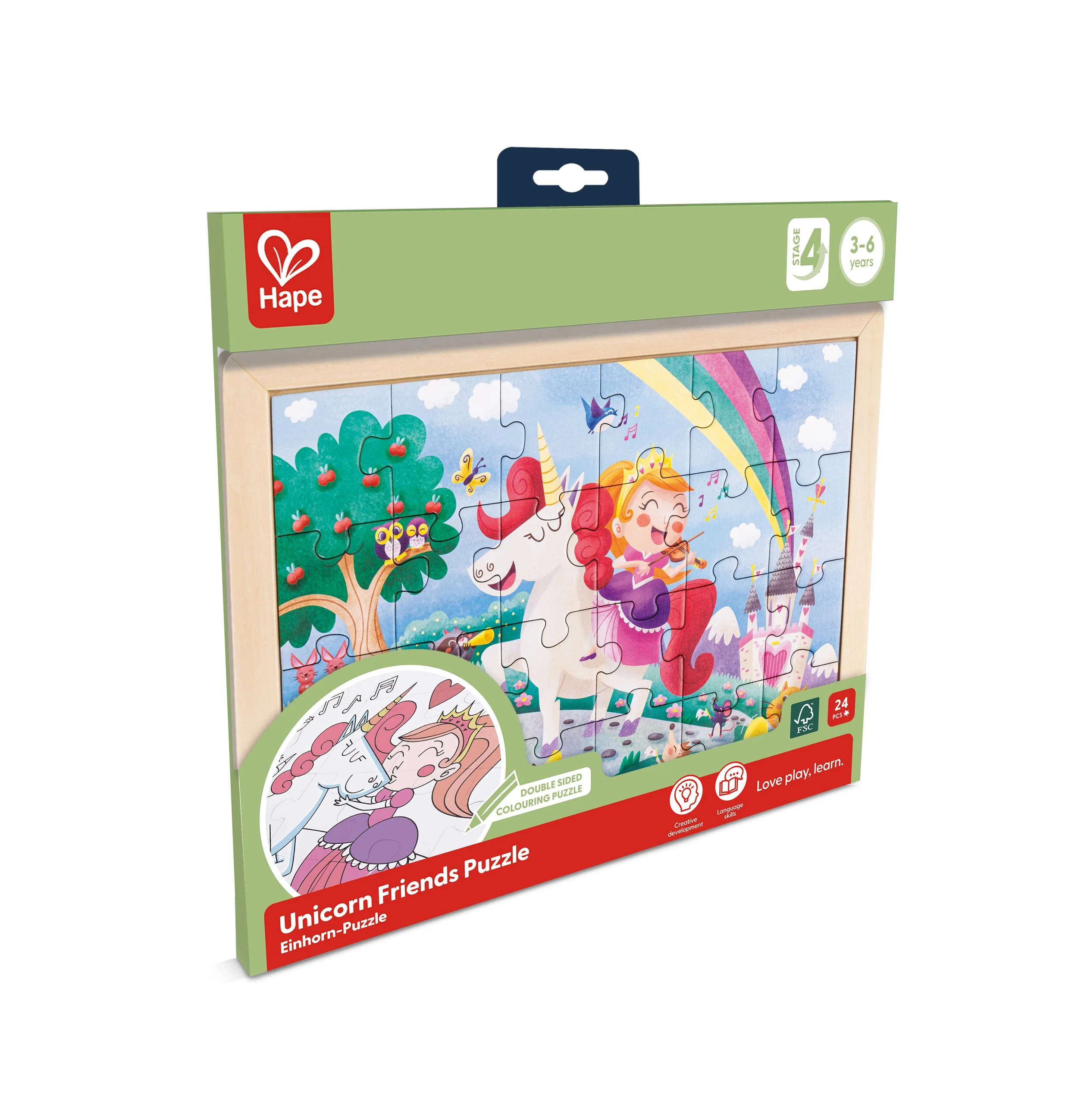 Unicorn friends Hape puzzle box with a colorful illustration of a girl playing a violin with a unicorn, a rainbow, and a tree with apples, designed for children 3 to 6 years old, containing 24 pieces.