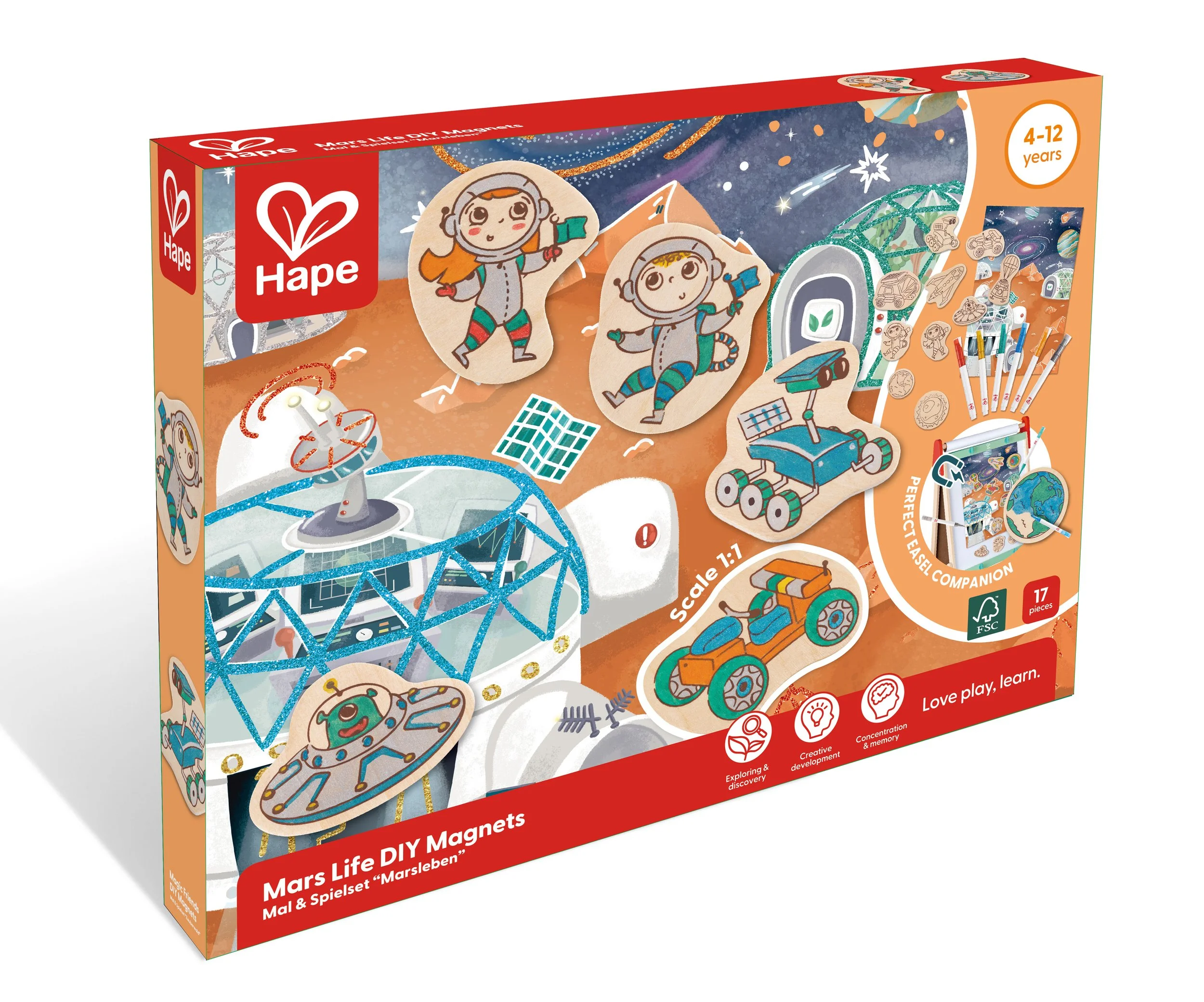 A children's educational toy set by Hape themed around Mars exploration, including magnets, space-themed stickers, and a space station background, aimed at ages 4 to 12.