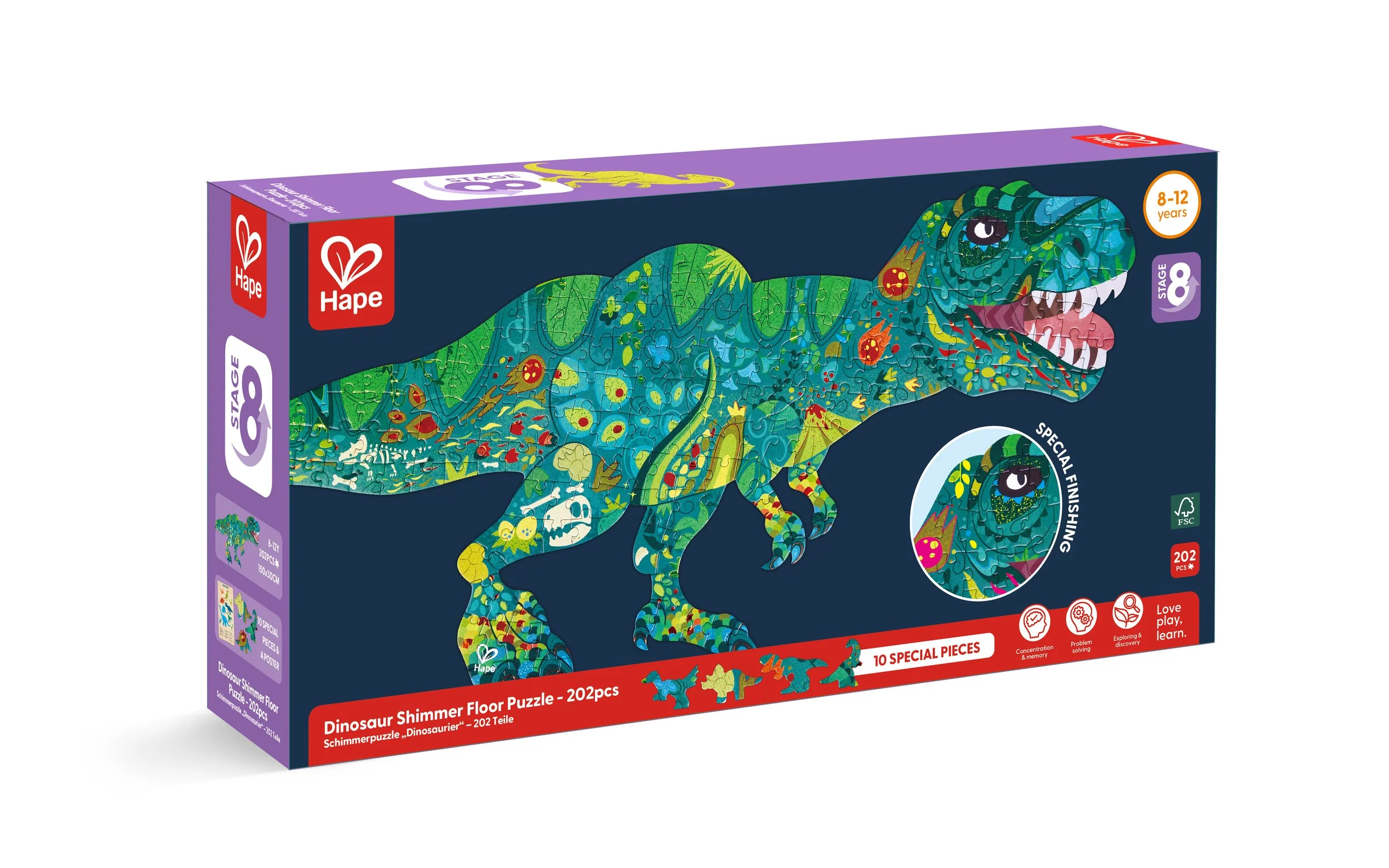 Colorful dinosaur-shaped Hape puzzle box featuring a detailed illustration of a T-Rex with botanical and geometric patterns