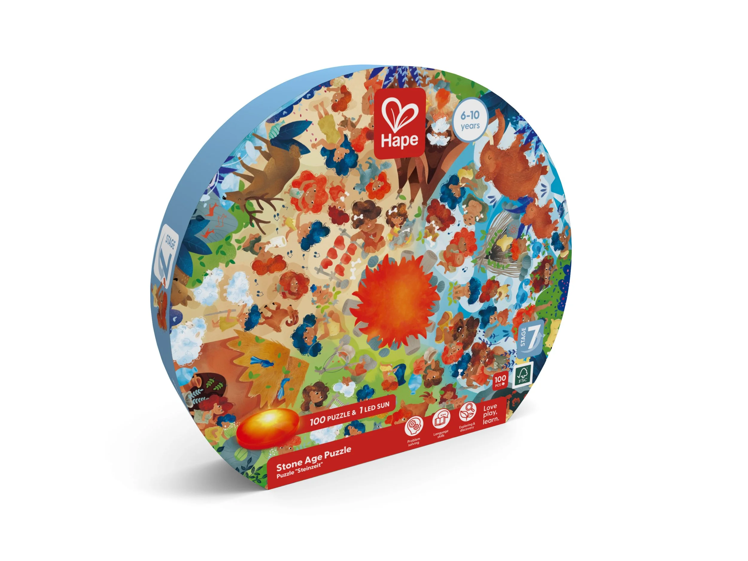 Colorful circular Hape puzzle box featuring stone age themed illustrations, including animals, humans, and natural elements, with a red sun in the center, labeled for ages 6-10, containing 100 pieces, and highlighting educational and fun features.