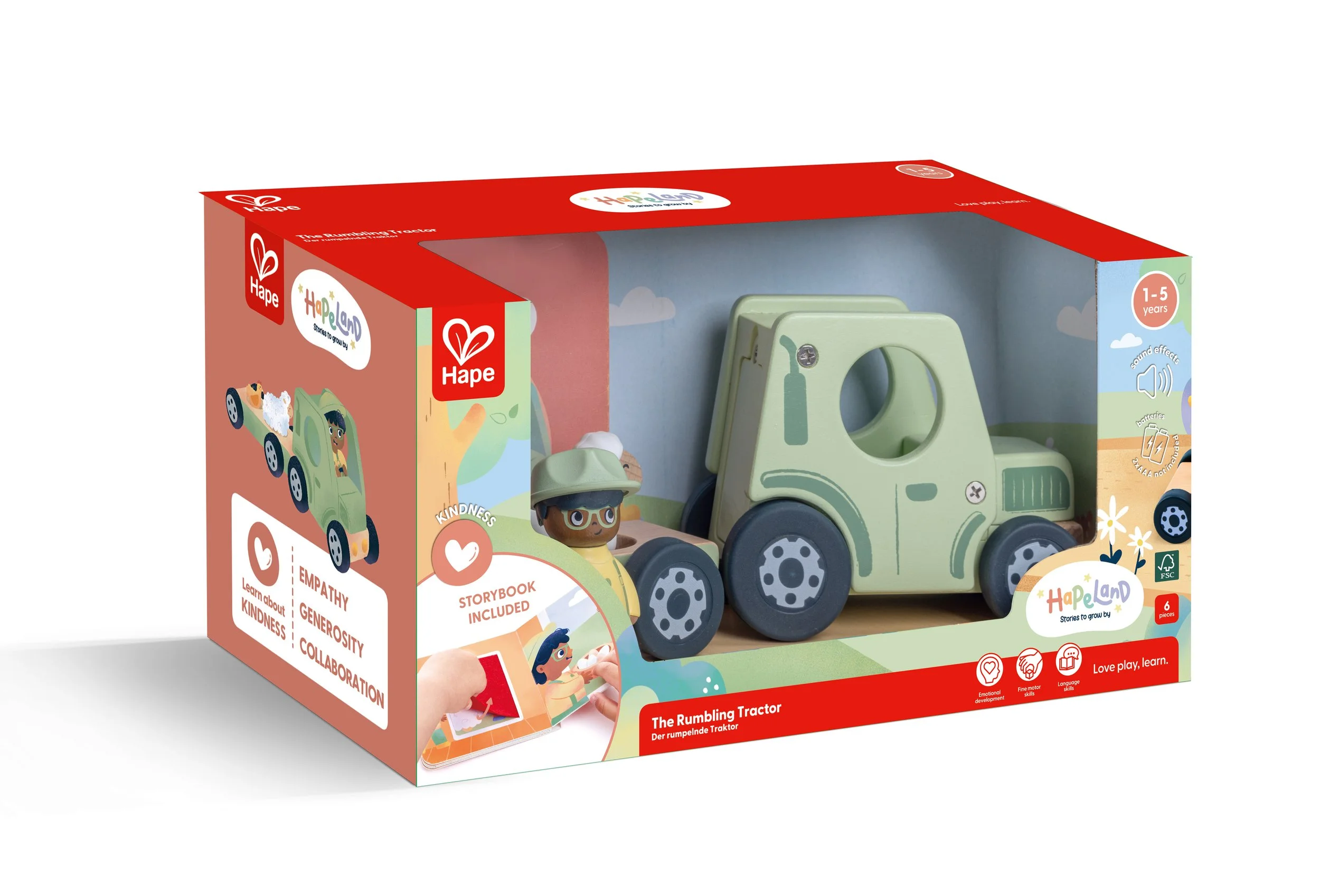 A children's toy set called 'The Rumbling Tractor' by Hape, featuring a green tractor with a removable driver figure, designed for ages 1-5, packaged in a colorful box with illustrations and icons indicating activities and developmental benefits.