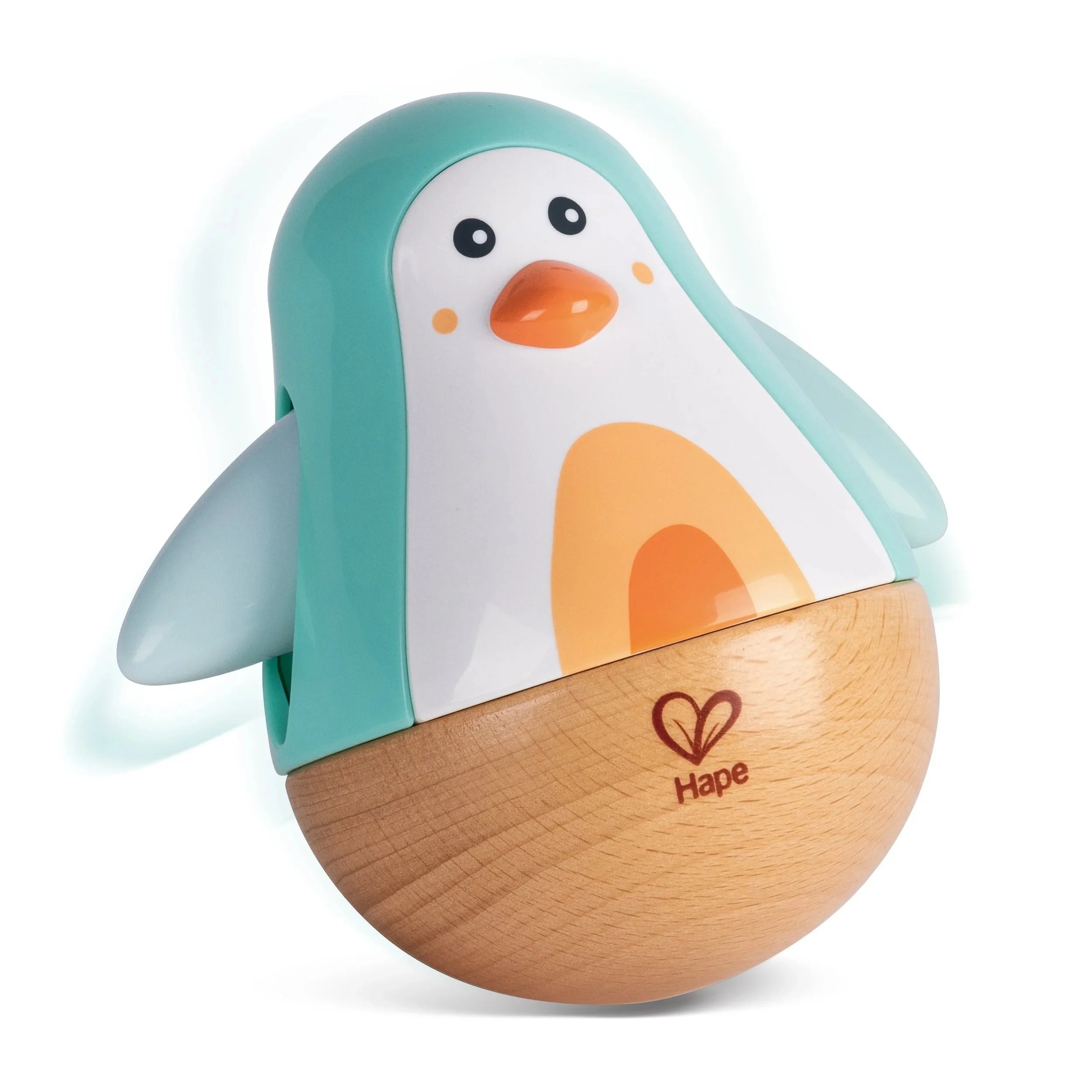 Hape Penguin Music Wobbler pull along special edition for French market in peach and mint colours.