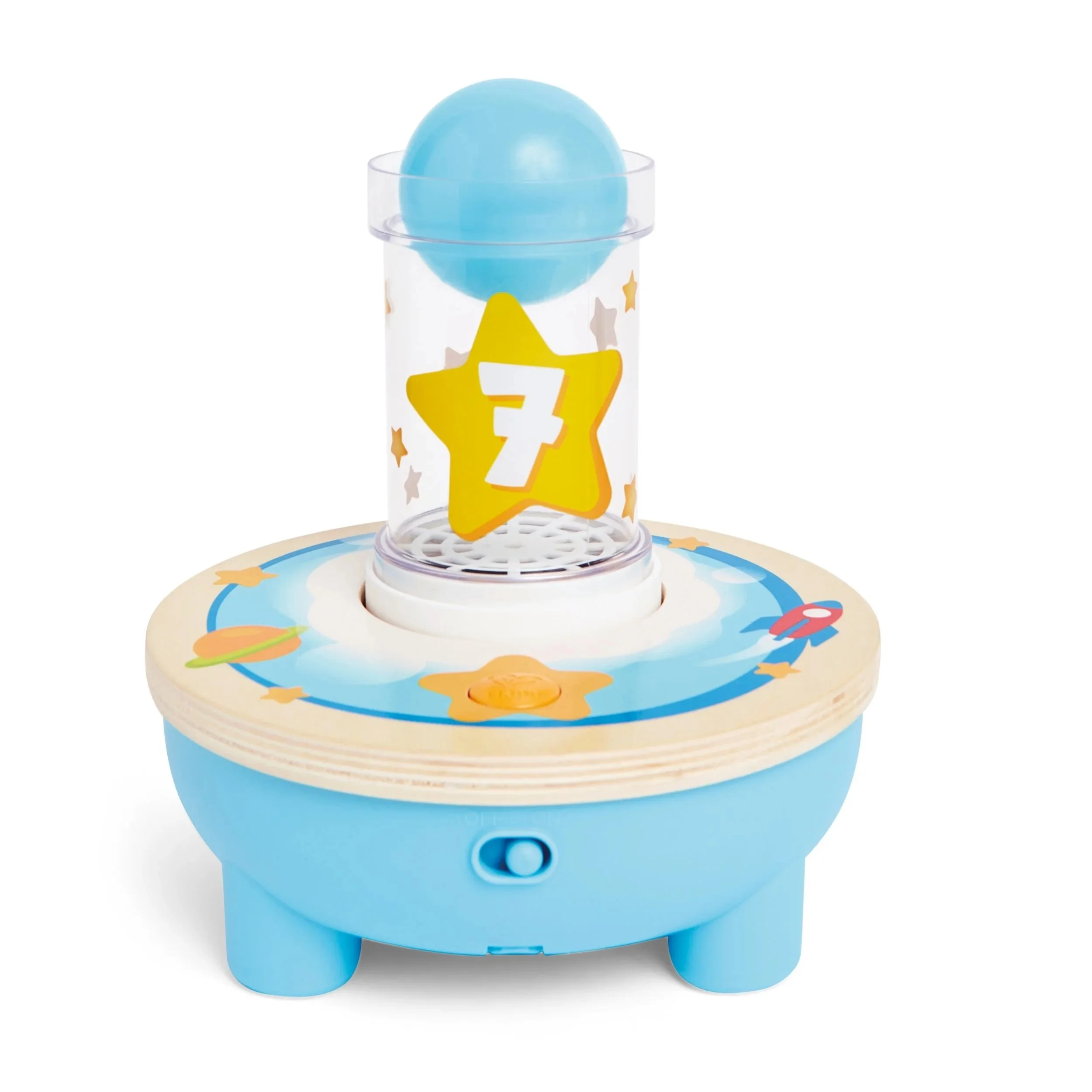 A blue and white space-themed toy with a round base featuring planets and stars. It has a clear plastic tube in the center with a yellow star and the number 7 on it, and a blue ball inside the tube.