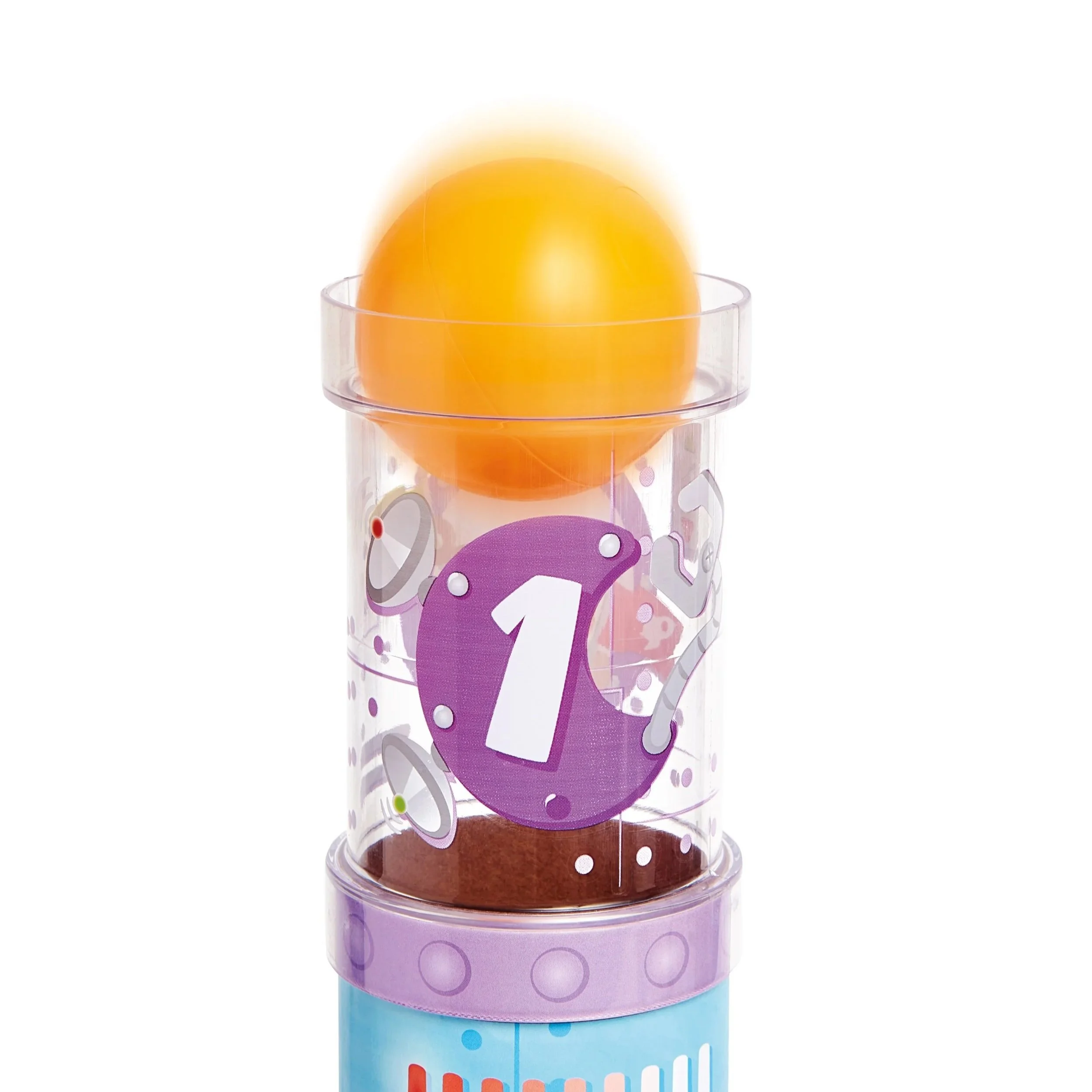A clear plastic countdown timer with purple and pink decorative elements, a yellow ball on top, and colorful ring accents at the bottom.
