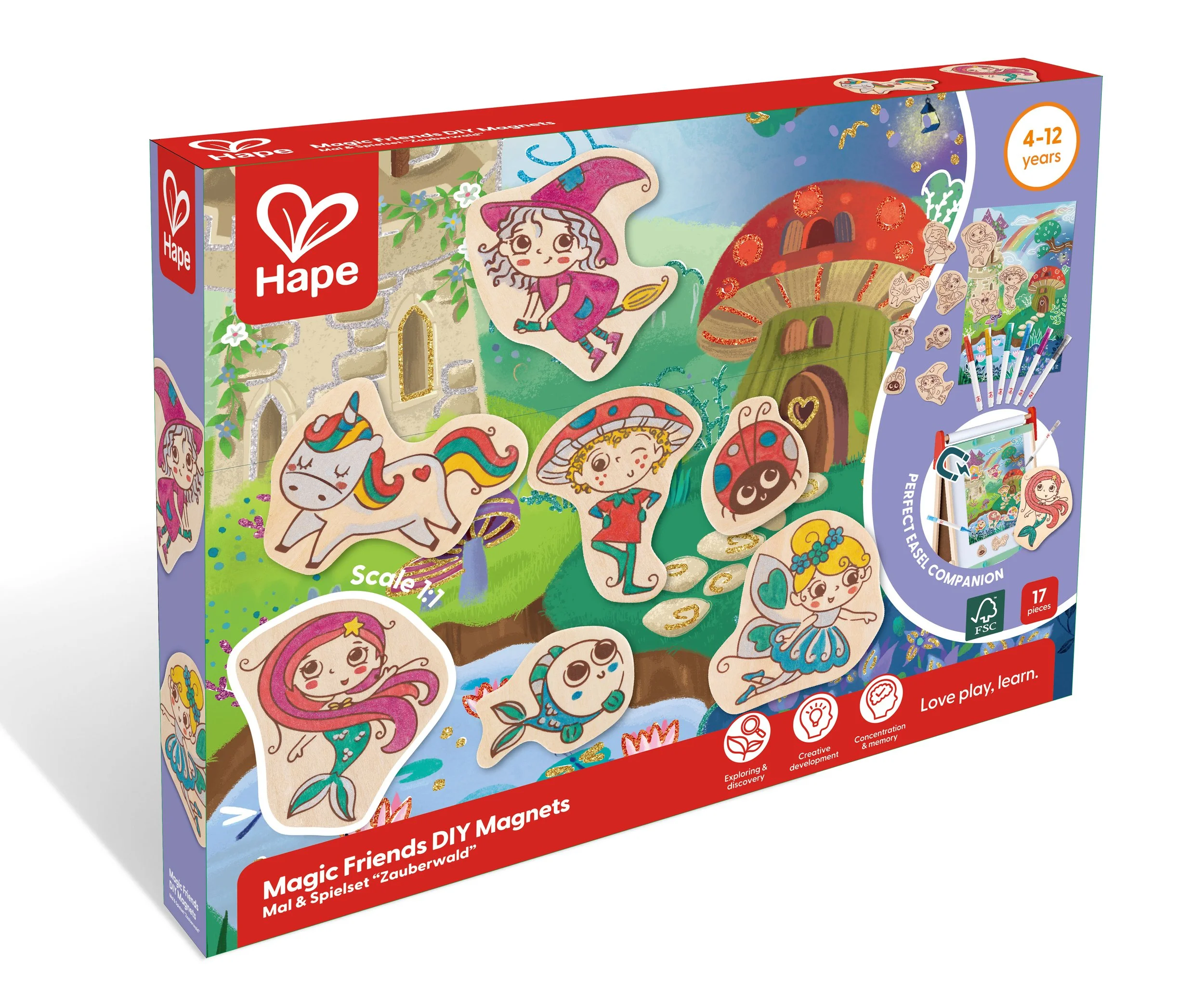 Children's magnetic toy set called 'Magic Friends DIY Magnets' by Hape featuring fairy tale characters and animals, designed for ages 4-12, with 17 pieces and a fairy tale themed background.