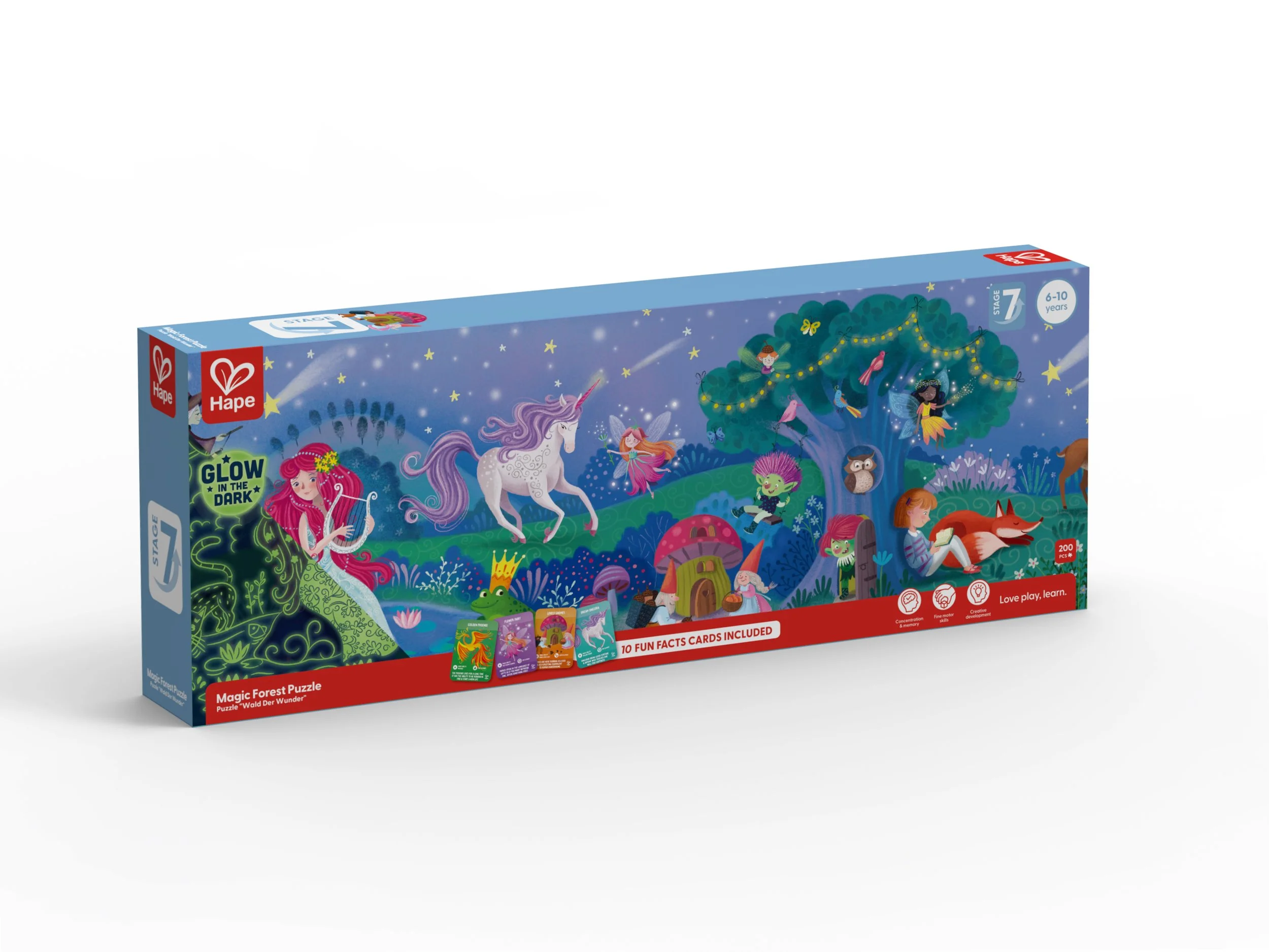 Hape magic forest puzzle box depicting a magical forest scene at night, featuring a unicorn, a princess, fairies, a fox, an owl, and a girl resting under a large tree with glowing elements.