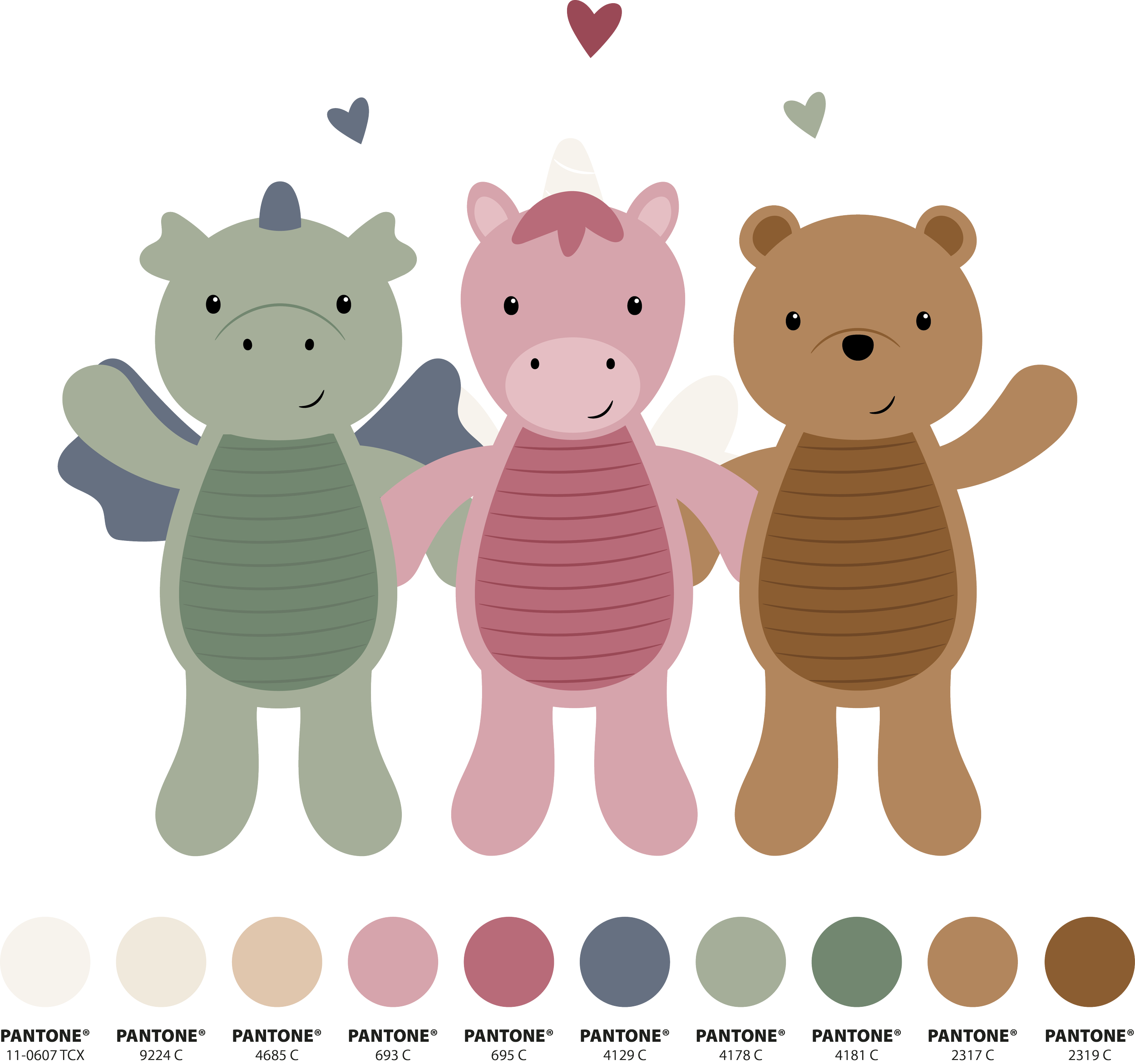 Three cartoon animals, a dragon, a unicorn, and a bear, with wings and smiling, standing side by side, against a background with color swatches at the bottom.