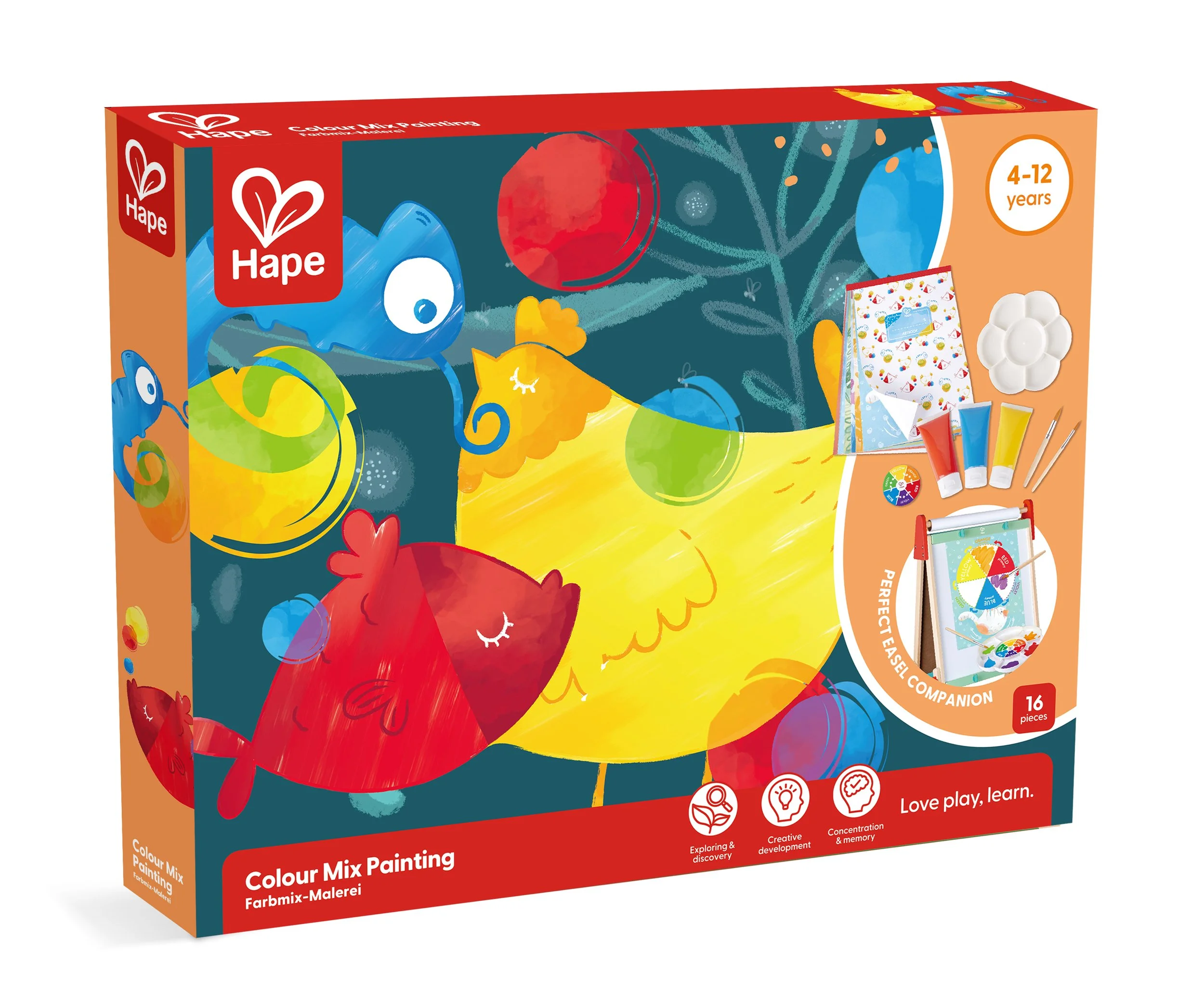 Colorful children's paint set box by Hape featuring a yellow and red bird, a blue chameleon, and artistic supplies for kids ages 4 to 12.