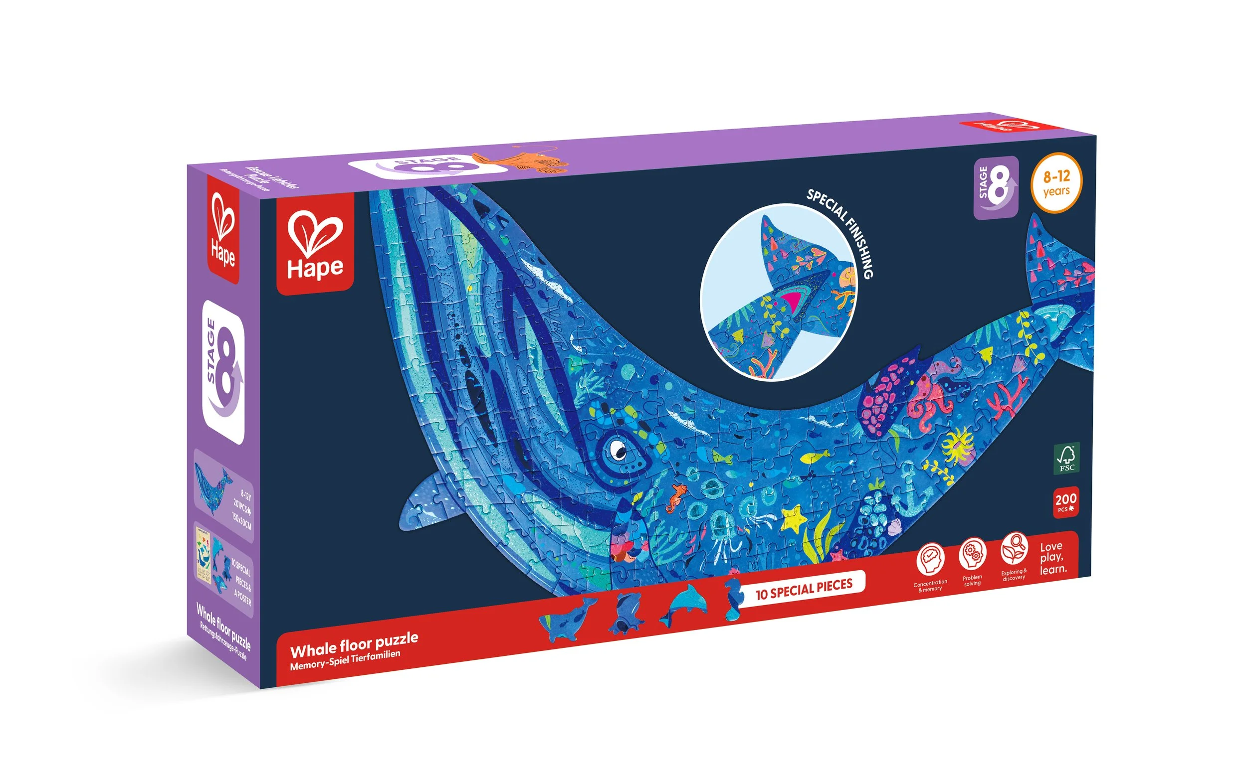 A colorful Hape puzzle box featuring a whale with an underwater theme, designed for children ages 8 to 12, containing 200 pieces, with special finishing and eco-friendly FSC certification.