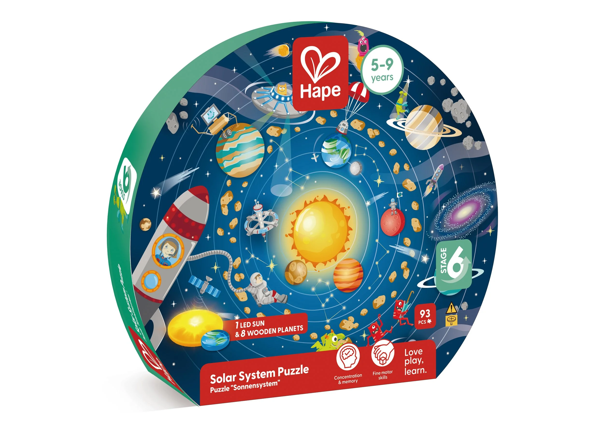 Educational solar system Hape puzzle in a round box featuring planets, space objects, and a rocket, for children ages 5 to 9, with 93 pieces for stages 5 and 6.