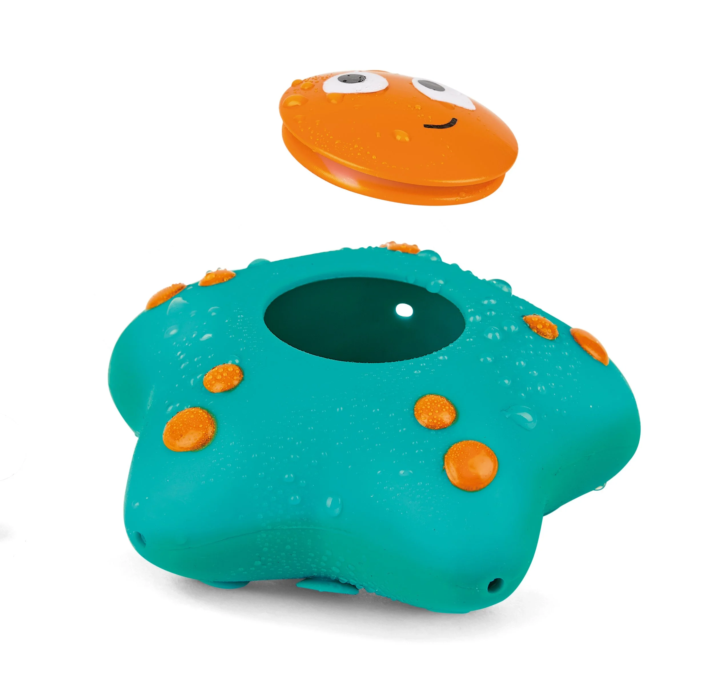 An exploded view of a starfish-shaped toy from the bath toy Hape collection with a teal body and orange spots.