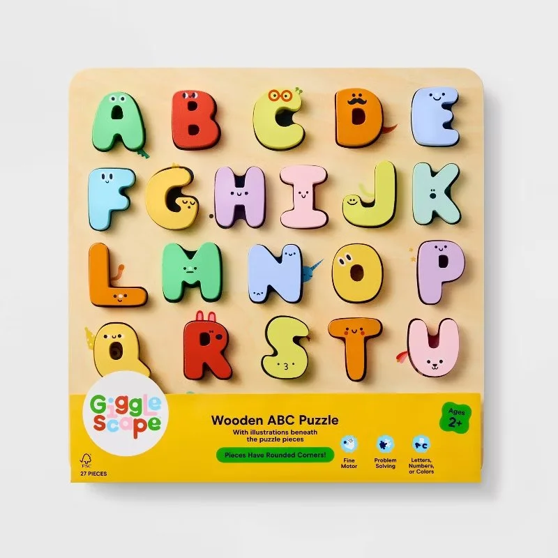 Colorful wooden alphabet puzzle with alphabet letters, each letter has a cute face and a small illustration or personality trait on it, displayed on a light wooden background. Developed for Target.