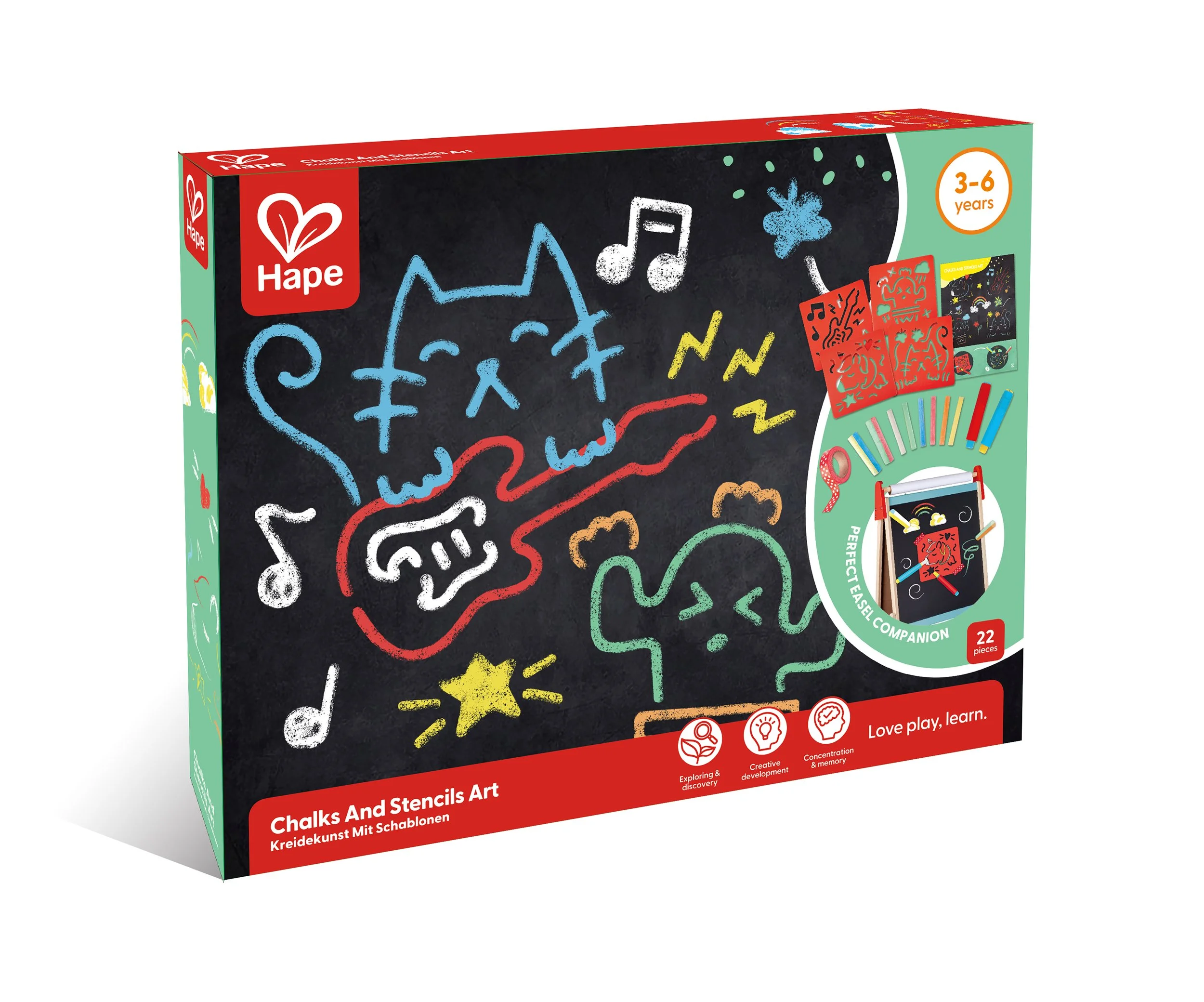 A colorful kids' art set called Chalks And Stencils Art by Hape, featuring chalk and stencil art for children aged 3 to 6, with playful chalk drawings of a cat, guitar, dog, star, and musical notes on the packaging.