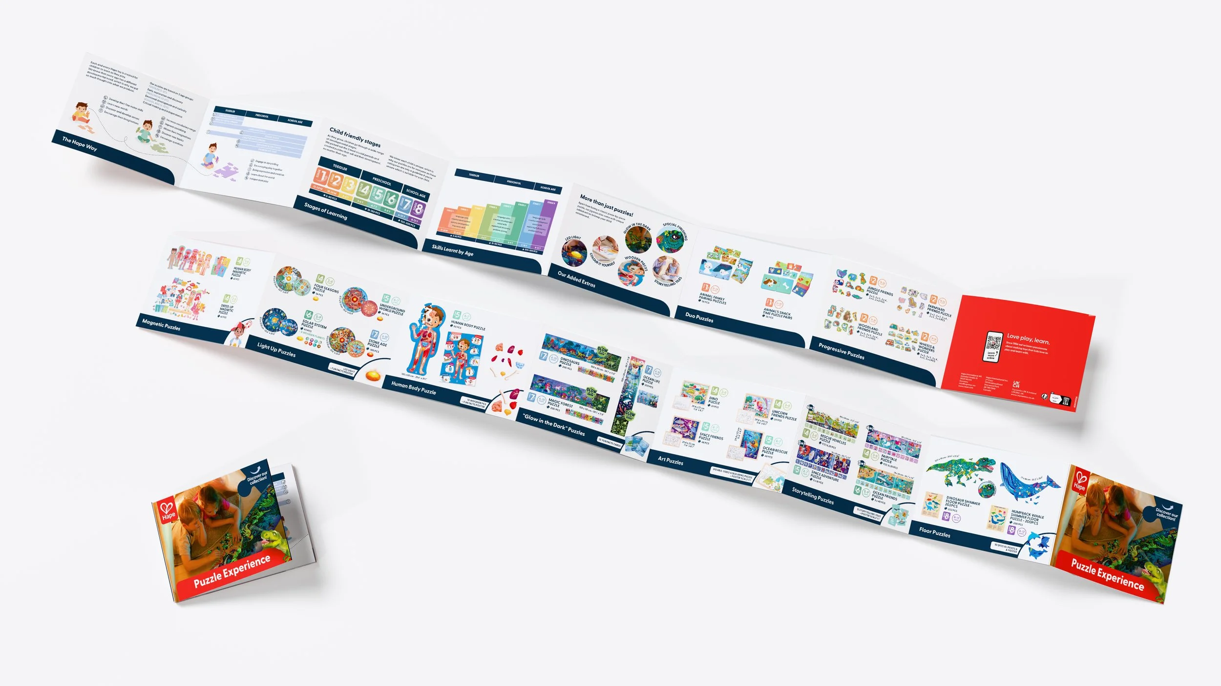 A colorful, illustrated puzzle brochure with sections showcasing different types of puzzles and activities for children, and two small puzzle boxes labeled 'Puzzle Experience' featuring children working on puzzles.