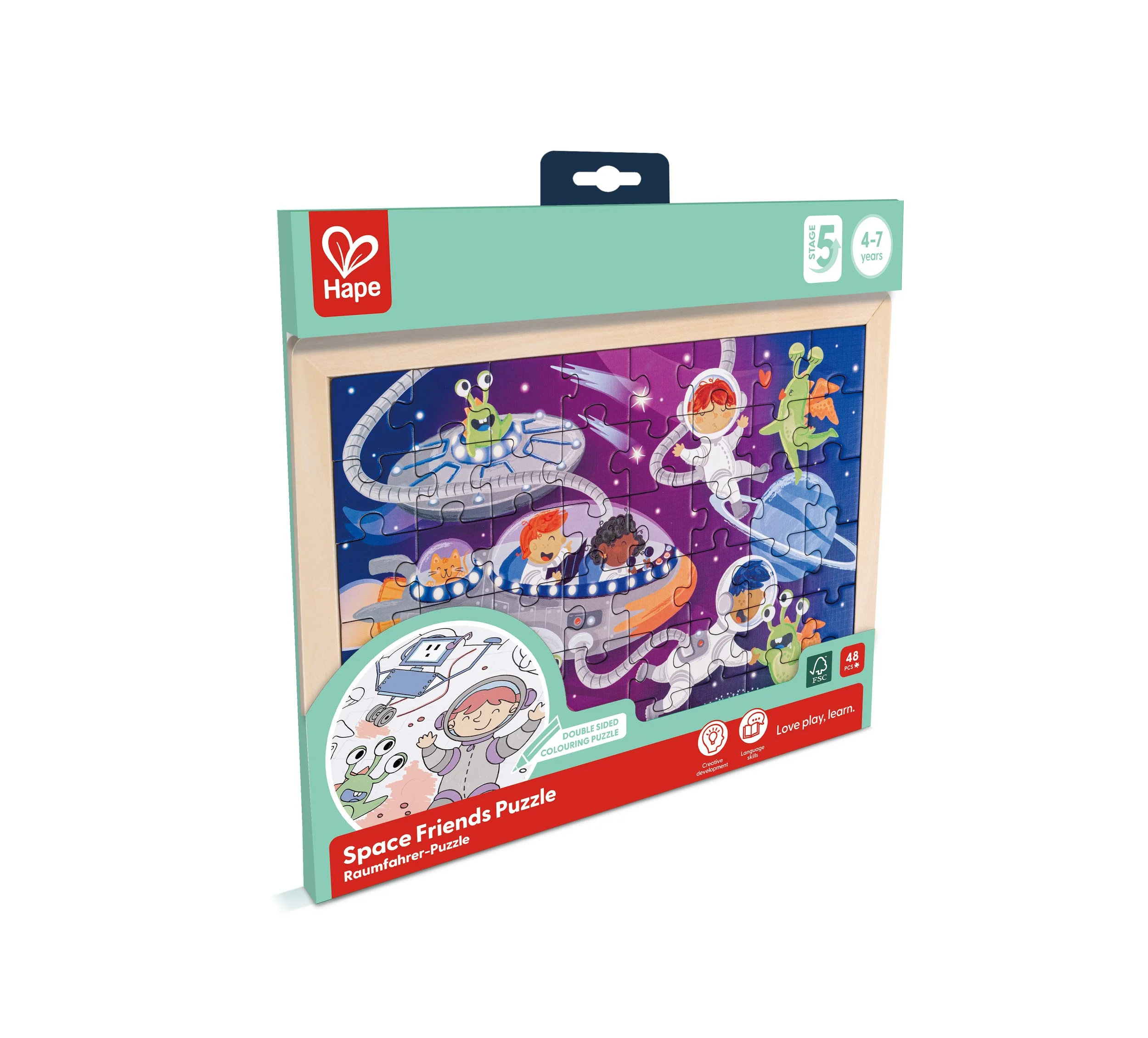 A space-themed Hape jigsaw puzzle box labeled 'Space Friends Puzzle' for children aged 4 to 7. The box features cartoon illustrations of children and aliens in space, with a depiction of the assembled puzzle showing astronauts, aliens, and planets.
