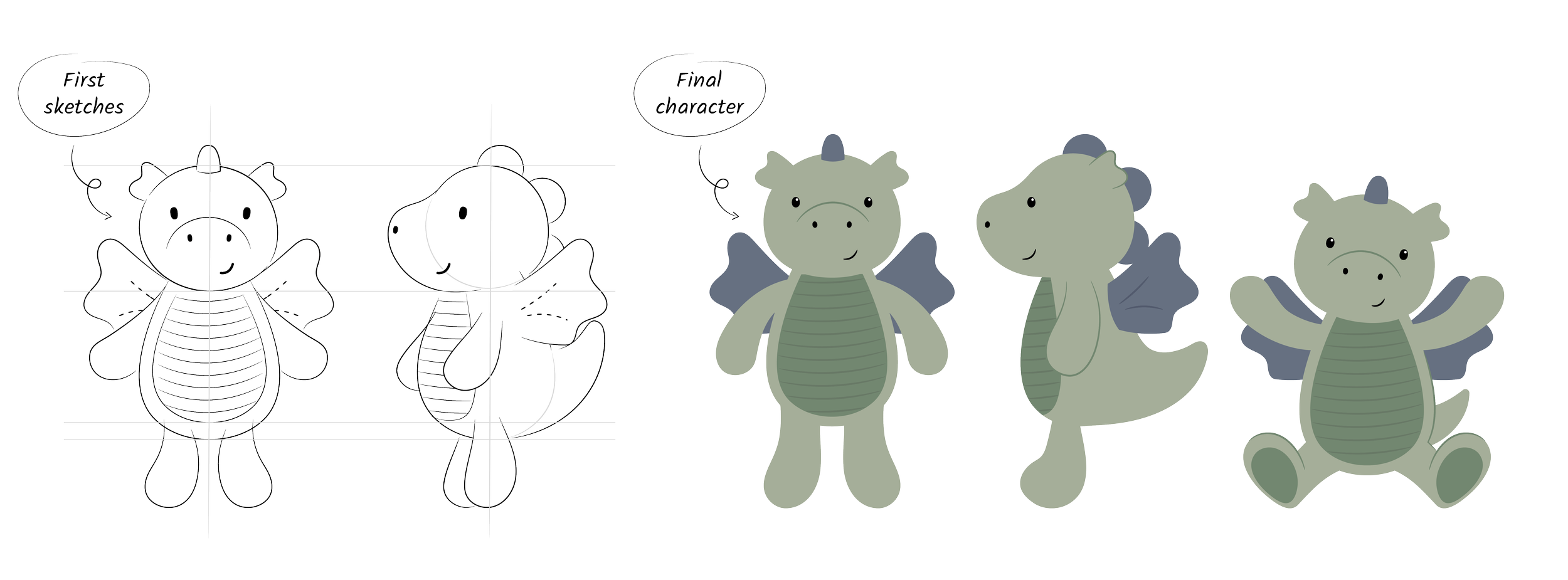 Progression of a cartoon dragon character from initial sketches to final colored version.