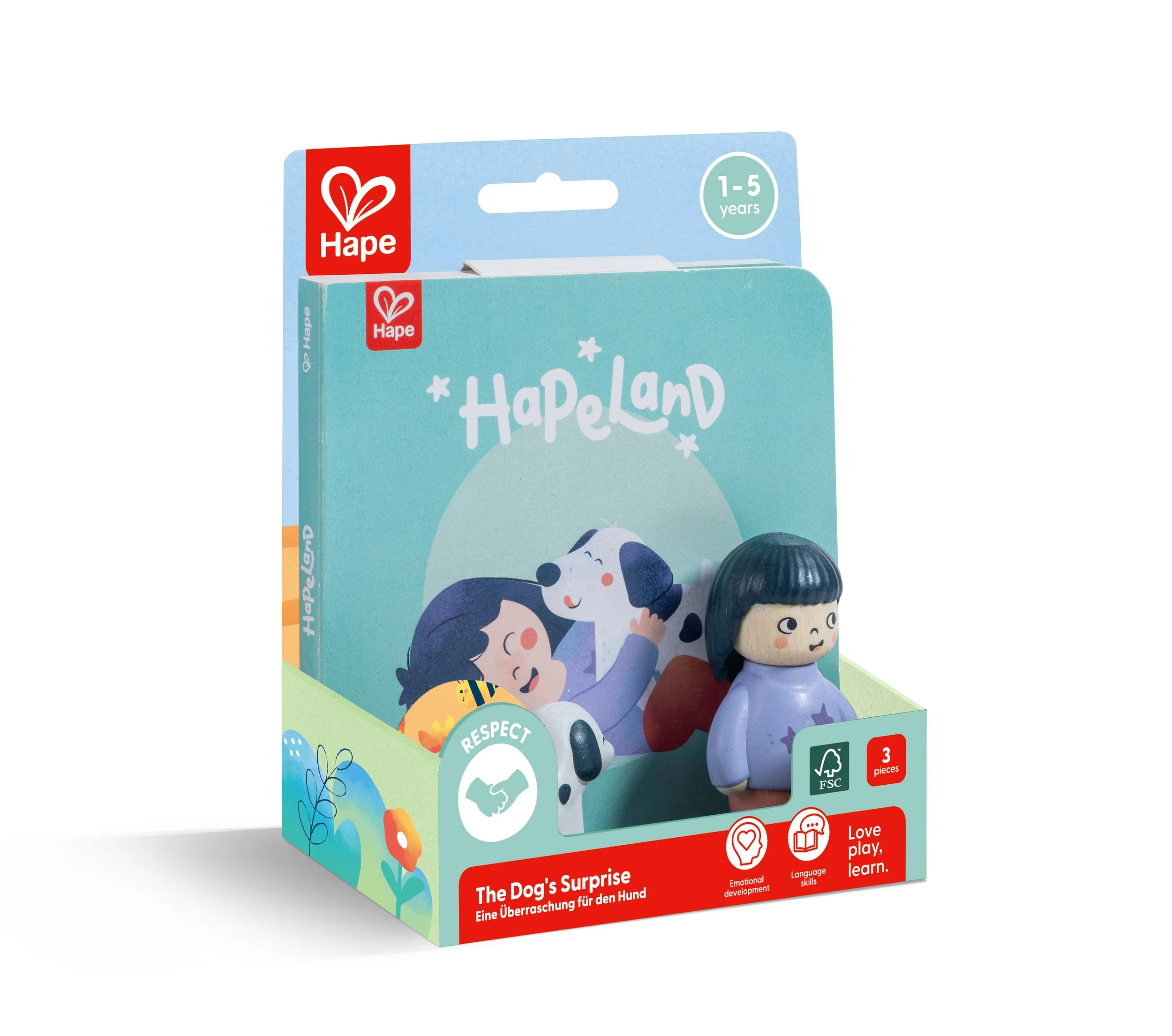 Hape Hapeland toy set with three pieces, featuring a girl figurine, a dog figurine, and a girl cartoon illustration on the box, aimed at children aged 1-5 years.