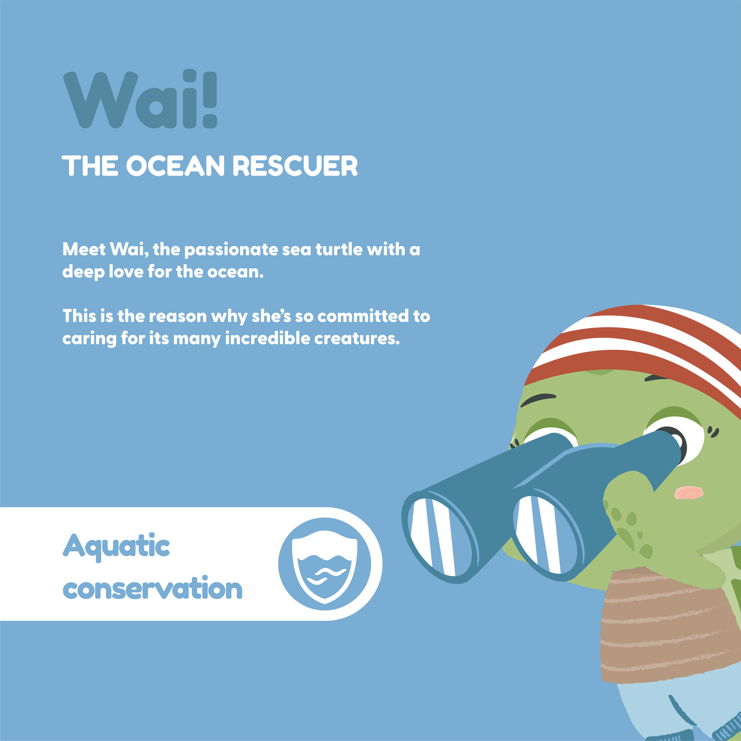 Green Planet Explorers Ambassador Wai the sea turtle with a red and white striped beanie hat, looking through binoculars. With text describing her personality and promoting ocean conservation and caring for aquatic creatures.