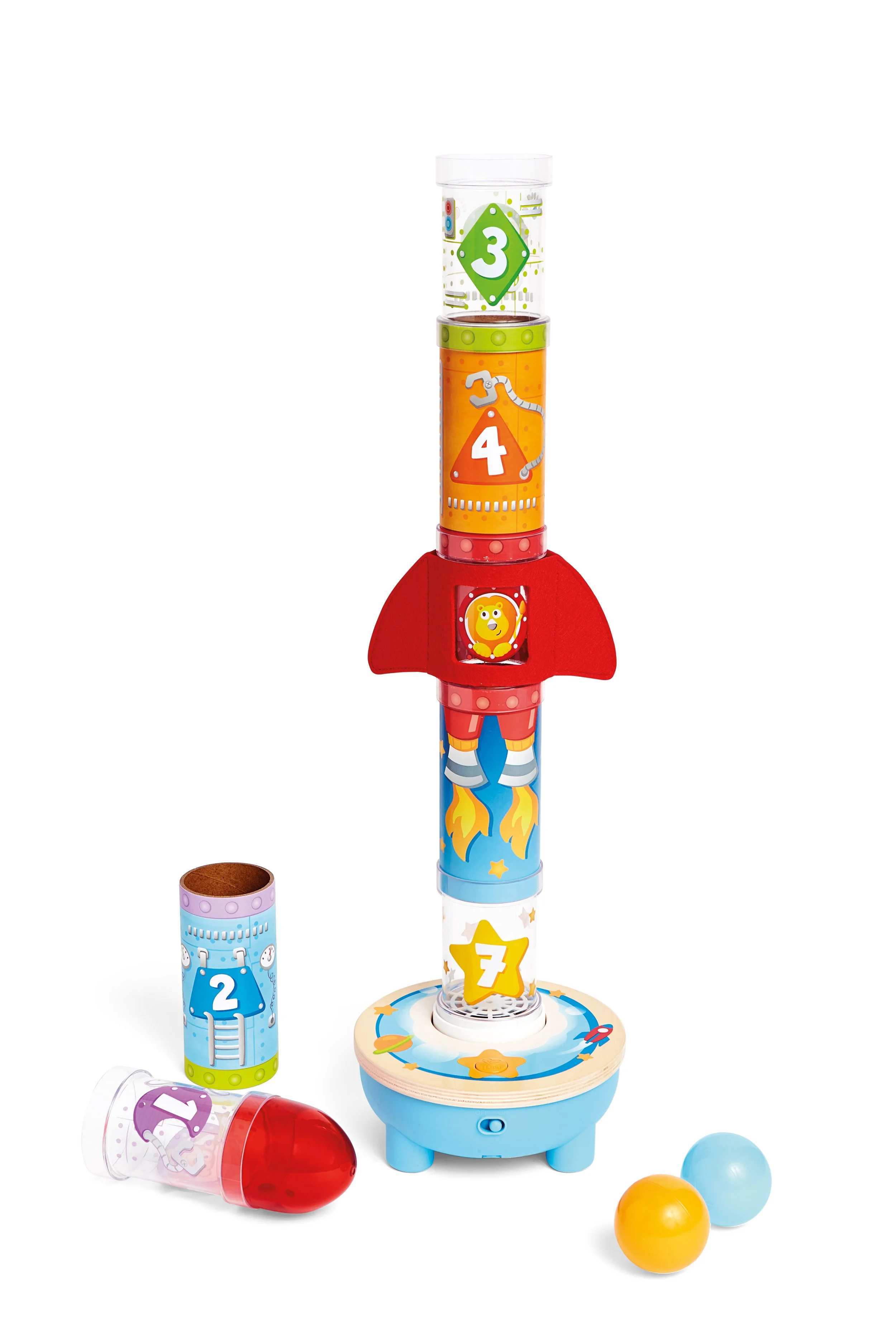 Colorful toy rocket with numbered sections, spinning disks, and a round base, accompanied by two balls and four stacking cups with numbers.