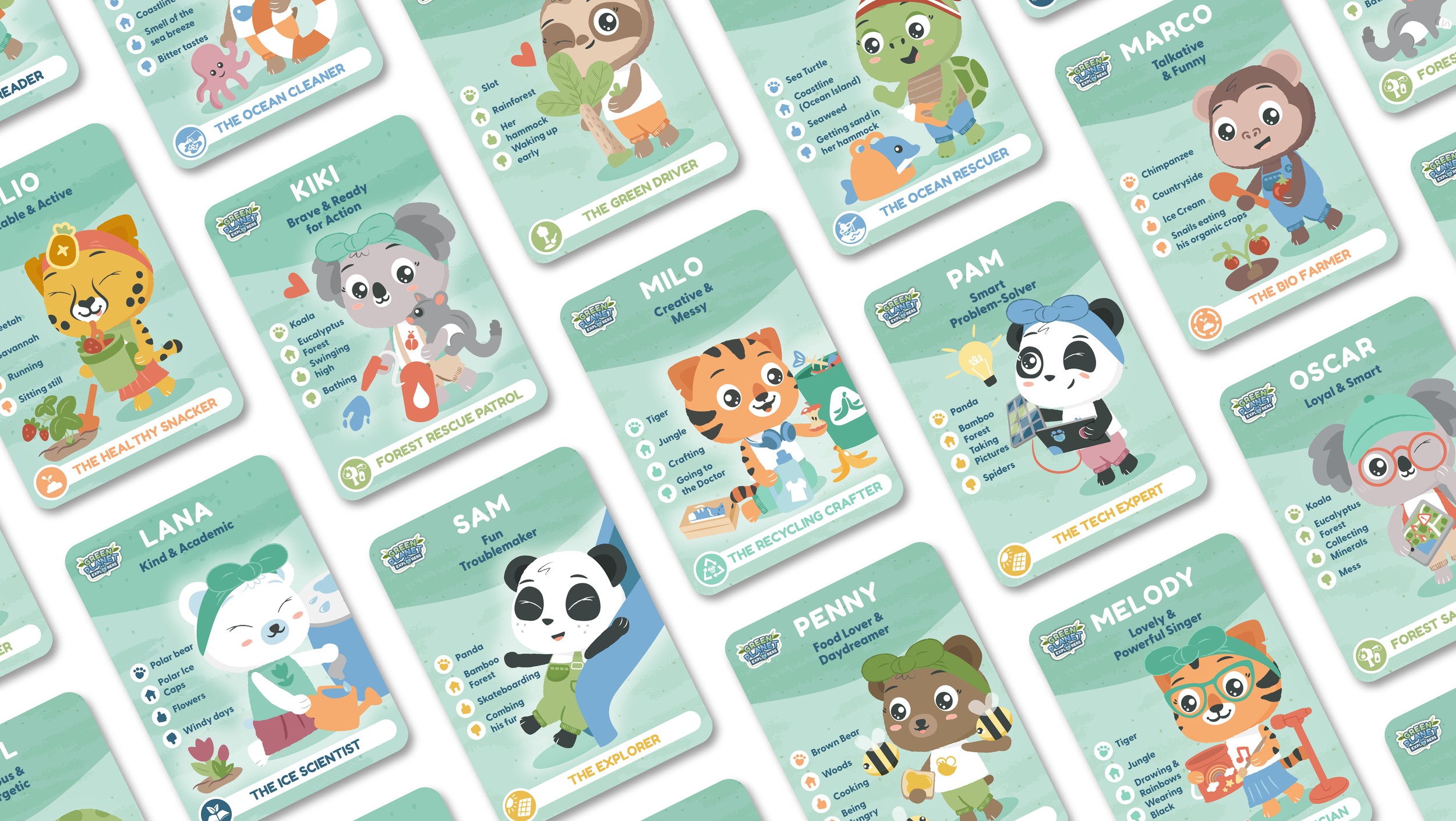 Collection of Green Planet Explorers ID cards: animal character cards featuring different personalities and traits. Marketing material made for Hape.