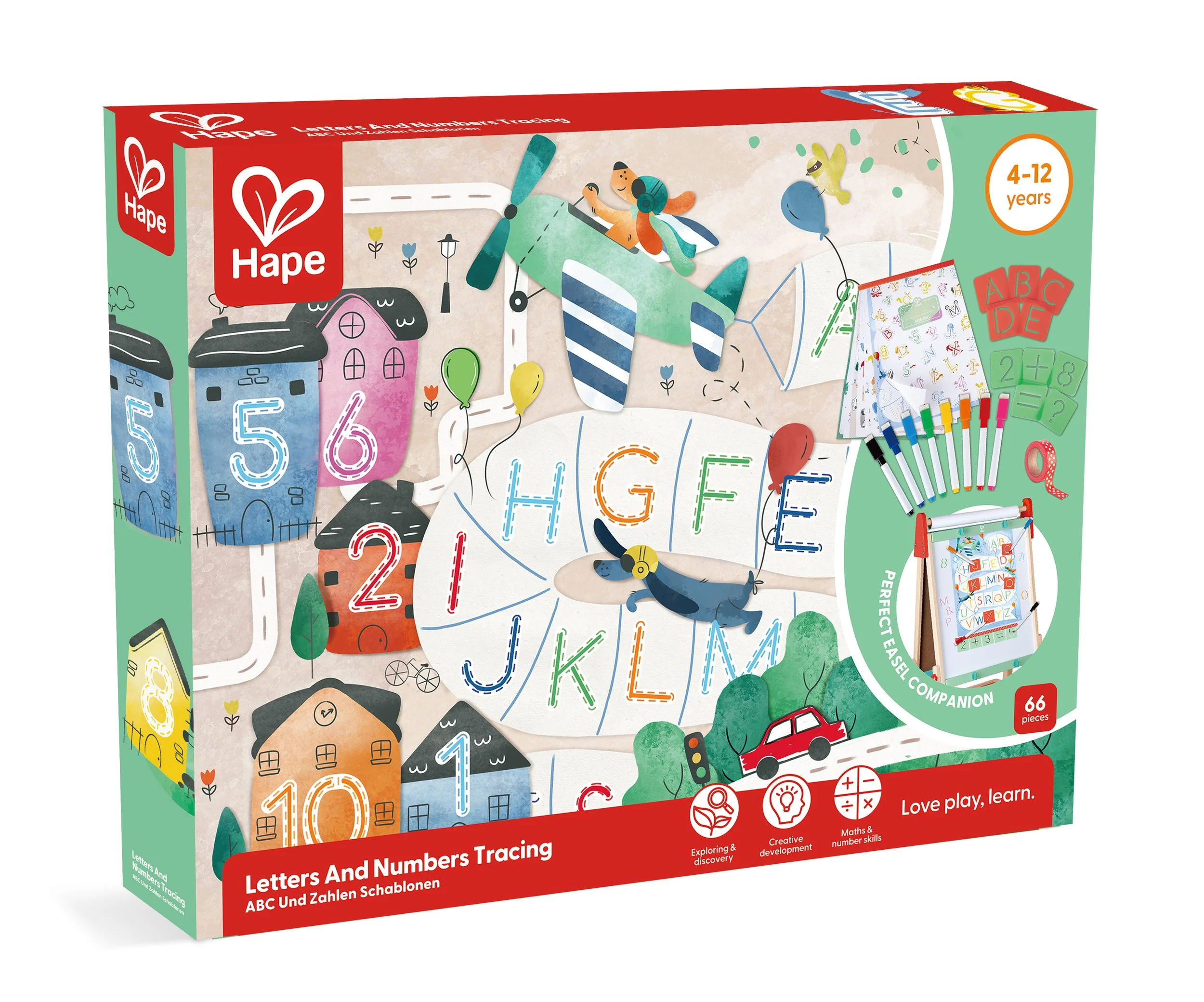 A children's educational toy set box by Hape for letter and number tracing with colorful illustrations of houses, a dog, a toy airplane, balloons, and learning tools, designed for ages 4 to 12.