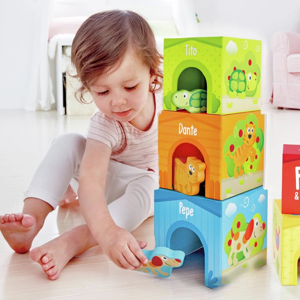 A young child stacking colorful wooden blocks by Hape with animal illustrations and names, including a turtle, lion, and dog, in a bright living room.