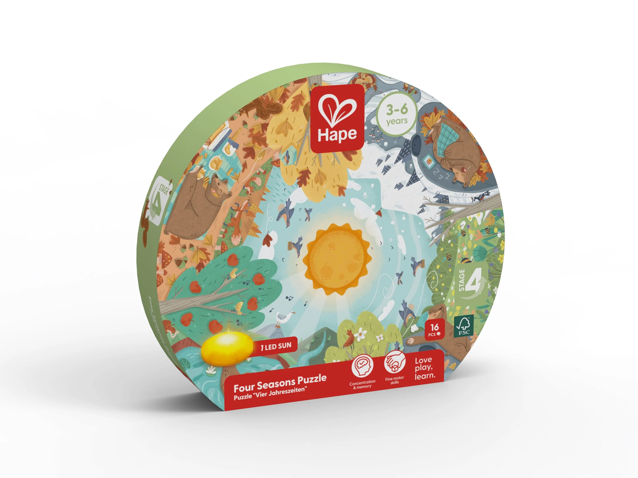 Colorful four seasons children's Hape puzzle box with illustrations of autumn, winter, spring, and summer scenes, featuring animals, trees, and outdoor activities, designed for ages 3-6, including 16 pieces and a built-in LED sun lamp.