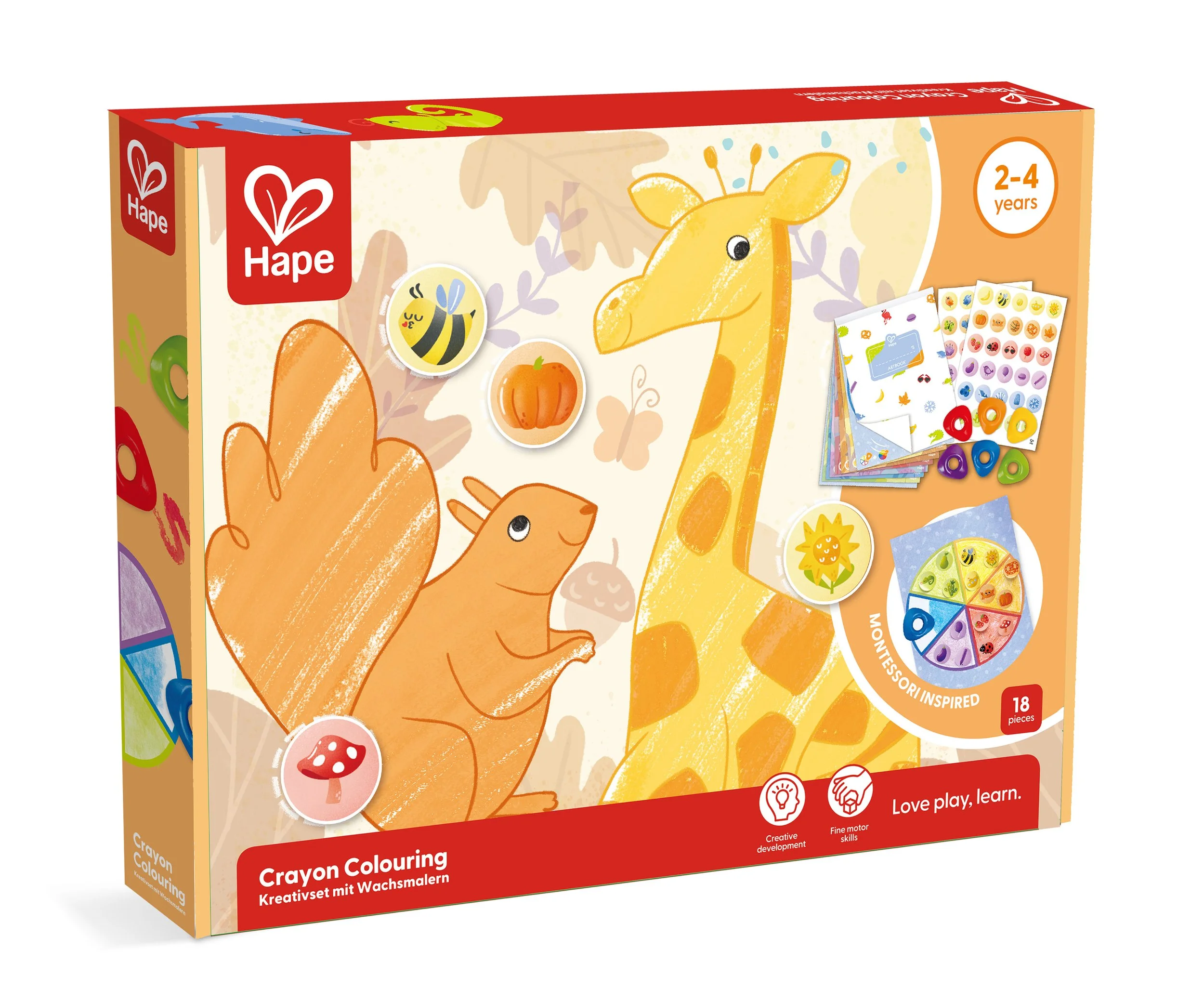Hape crayon coloring set for ages 2 to 4, featuring whimsical illustrations of a giraffe, a squirrel, a bee, a pumpkin, and various stickers and creative materials on the packaging.