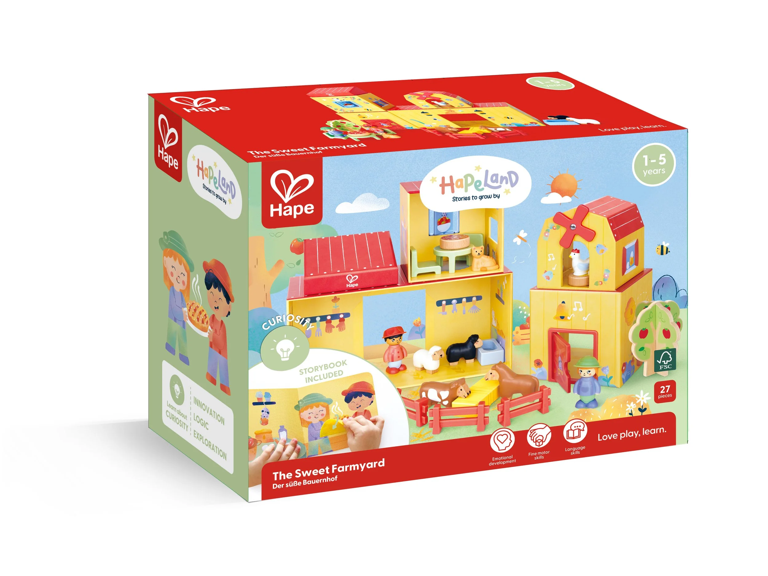A colorful children's toy farm set in packaging with a red barn, animals, and figurines, labeled 'The Sweet Farmyard' for ages 1-5, including a storybook and various farm-themed accessories.