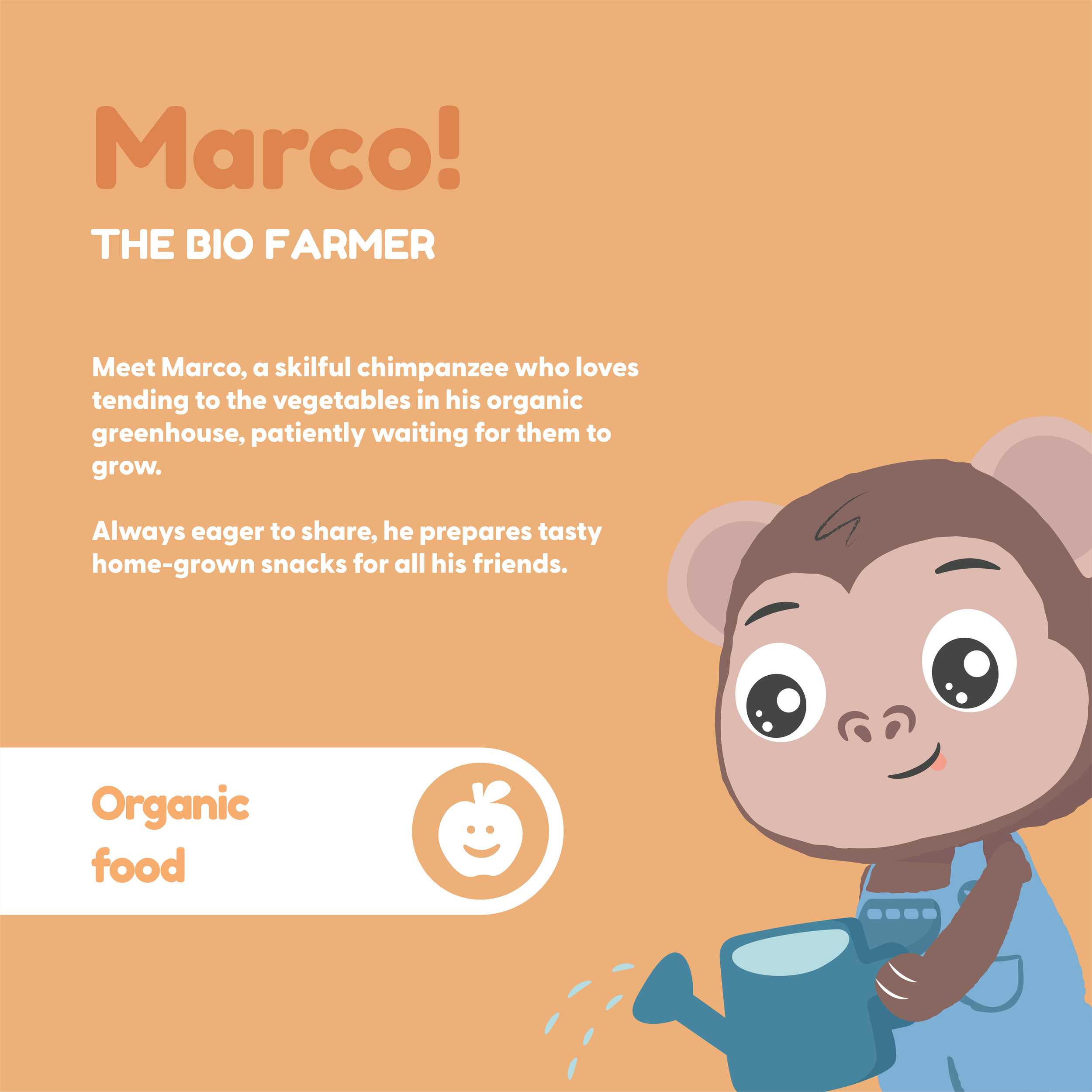 Green Planet Explorers Ambassador Marco the chimpanzee with text describing him as a bio farmer who loves organic vegetables and promoting organic food topic.