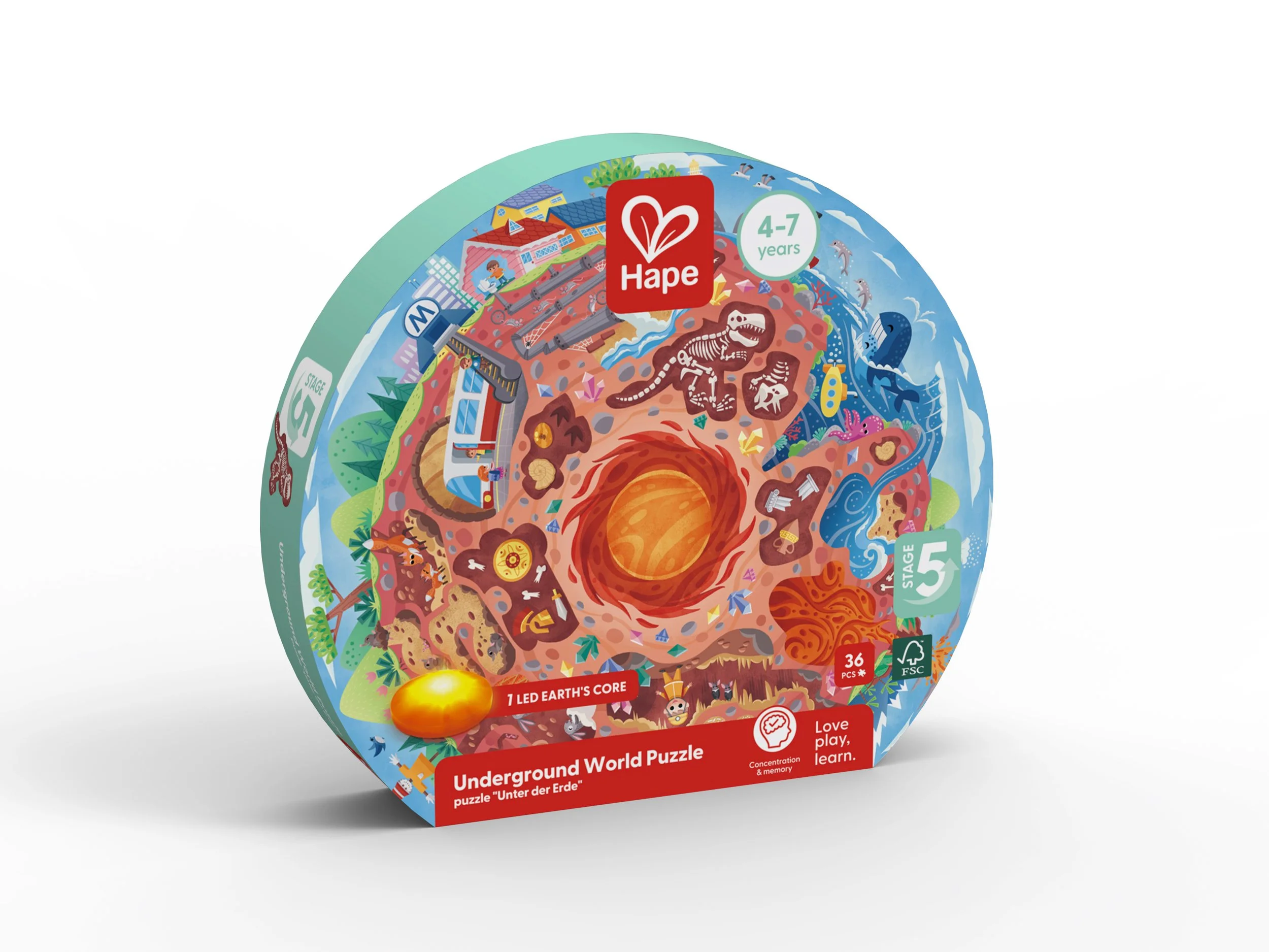 Round underground world Hape puzzle box with colorful illustrations of subterranean layers, dinosaurs, fossils, and underground elements, labeled for children ages 4-7, by Hape.