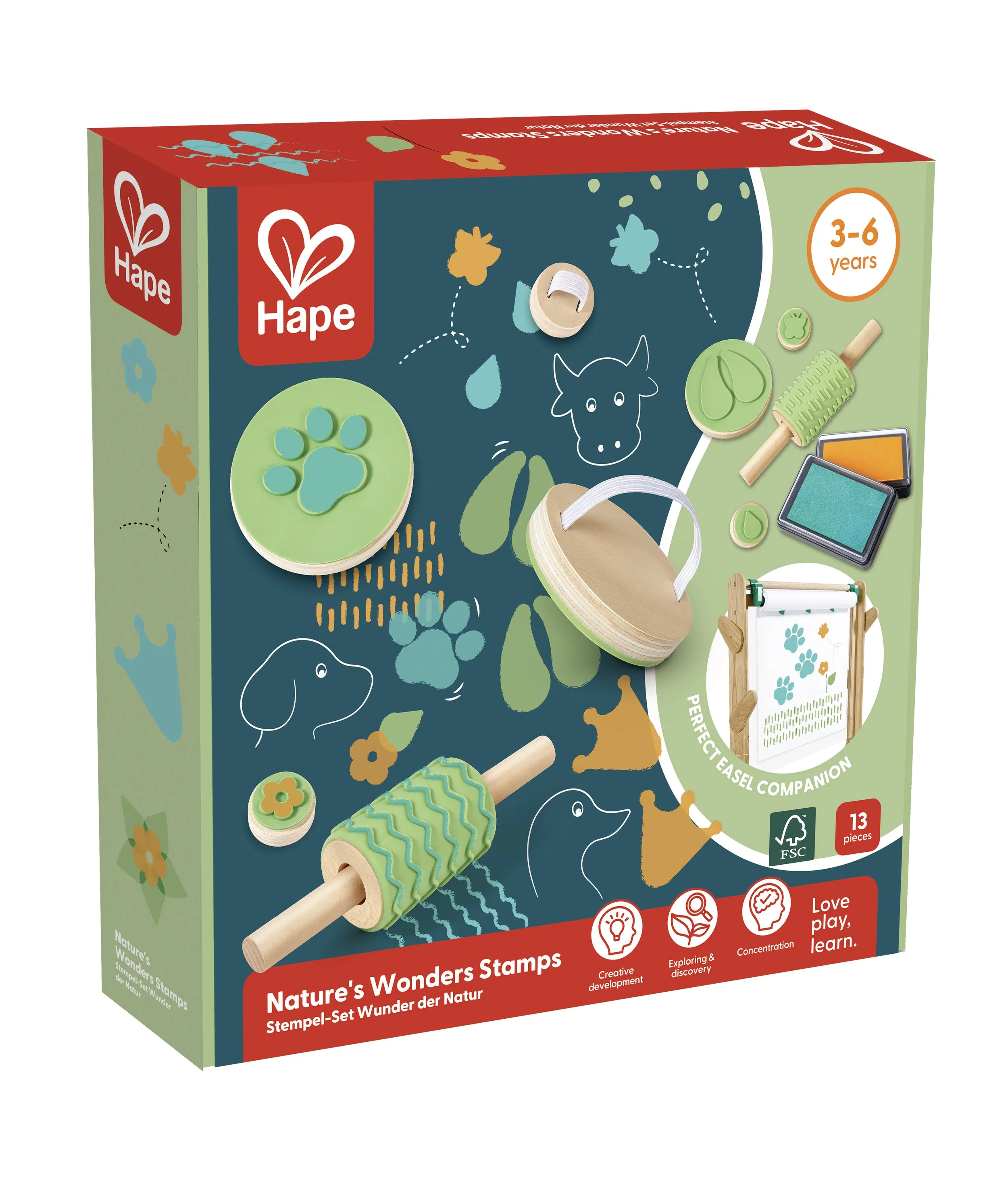 A children's stamping craft set by Hape called Nature's Wonders Stamps with various animal-themed stamps, inks, and accessories, designed for kids aged 3 to 6.