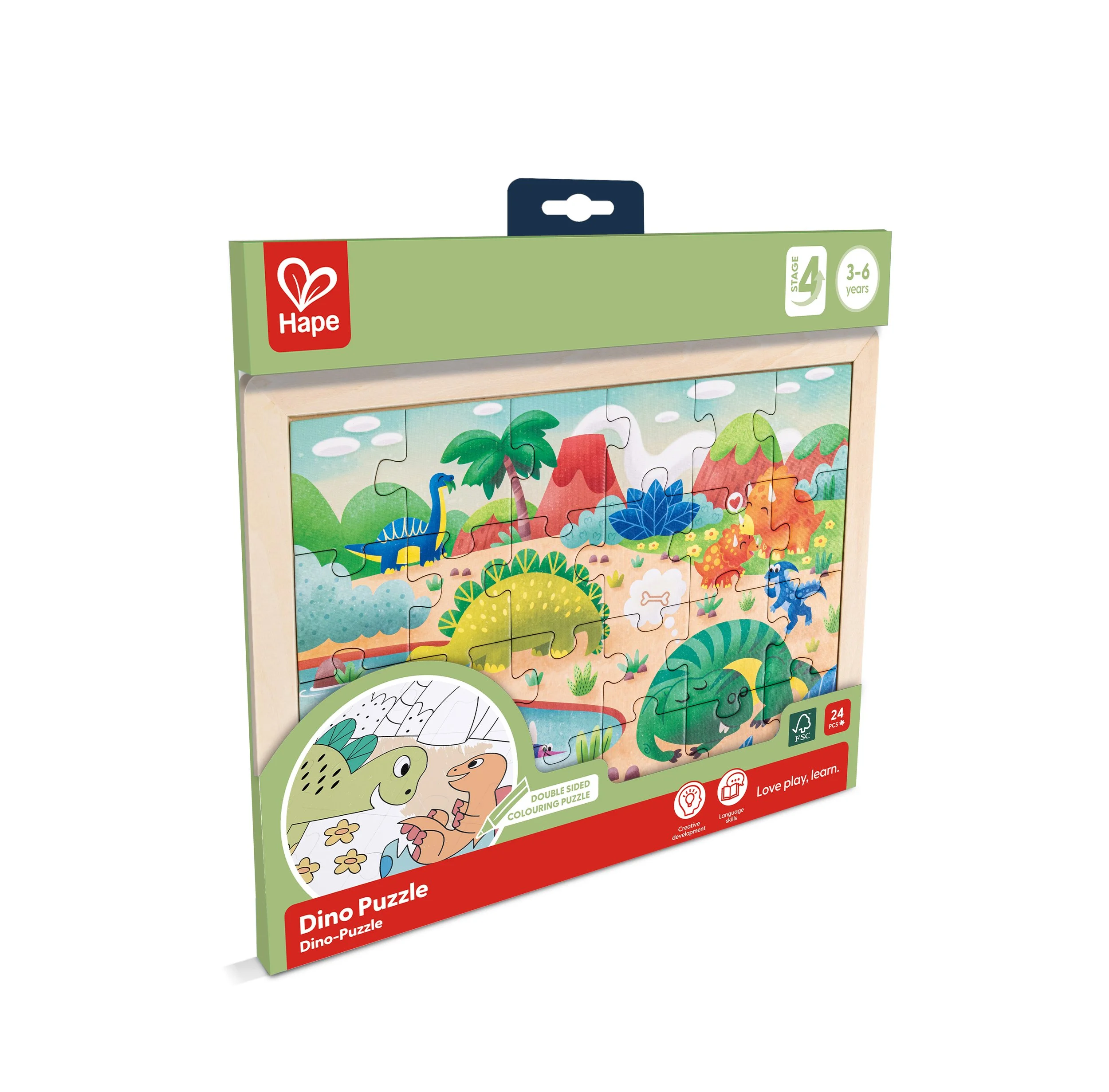 Hape wooden 24-piece dinosaur-themed puzzle for children ages 3 to 6, featuring a prehistoric jungle scene with volcanoes, palm trees, and various dinosaurs.