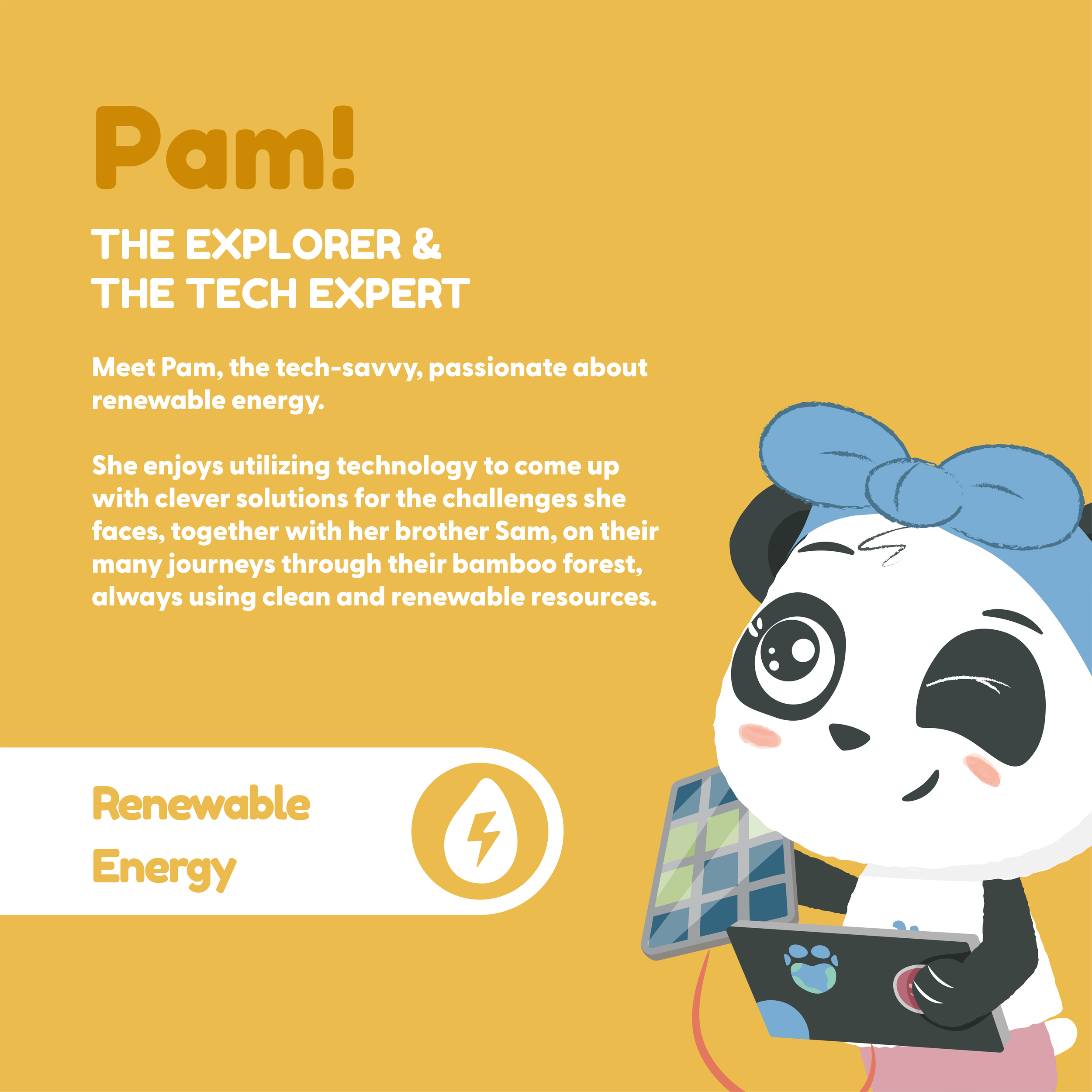 Green Planet Explorers Ambassador Pam the Panda with text describing her personality and promoting renewable energy.