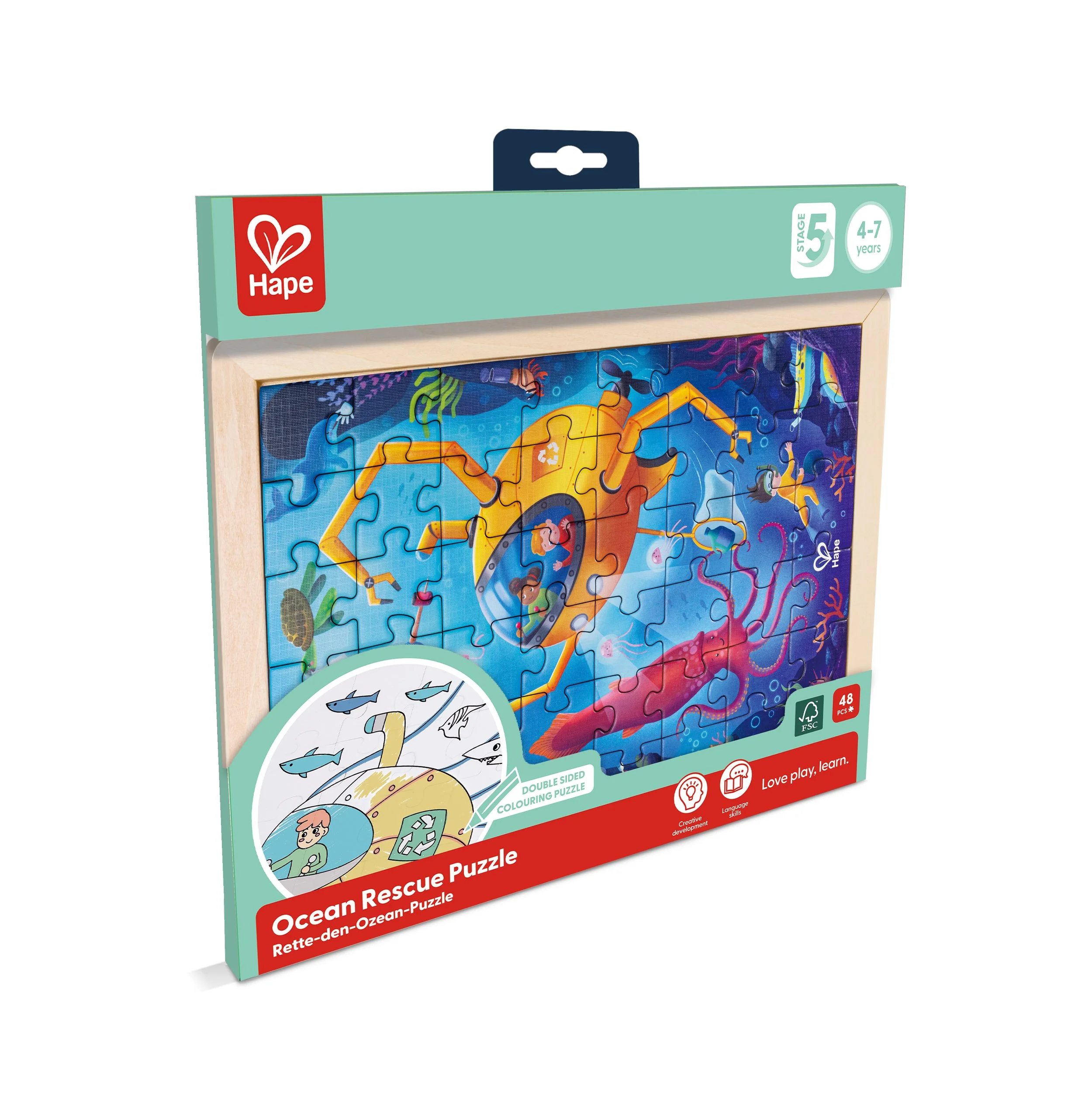 Hape puzzle box labeled 'Ocean Rescue Puzzle' with an underwater scene of a robotic submarine rescuing marine creatures, designed for children ages 4 to 7.