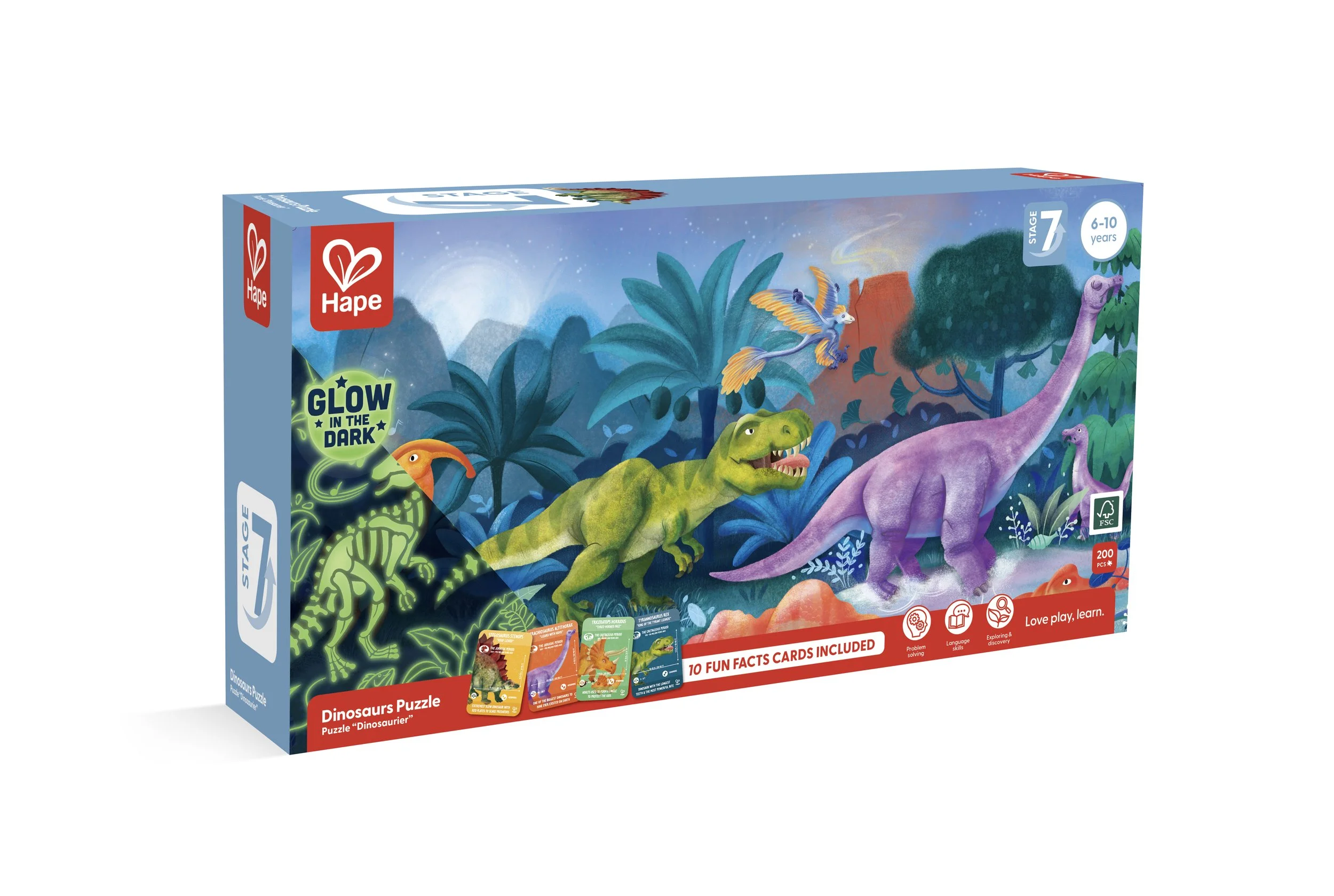 Hape dinosaurs long puzzle box featuring a colorful jungle scene with a purple long-necked dinosaur, a green T-Rex, flying pterodactyls, and a glowing skeletal dinosaur in the dark.