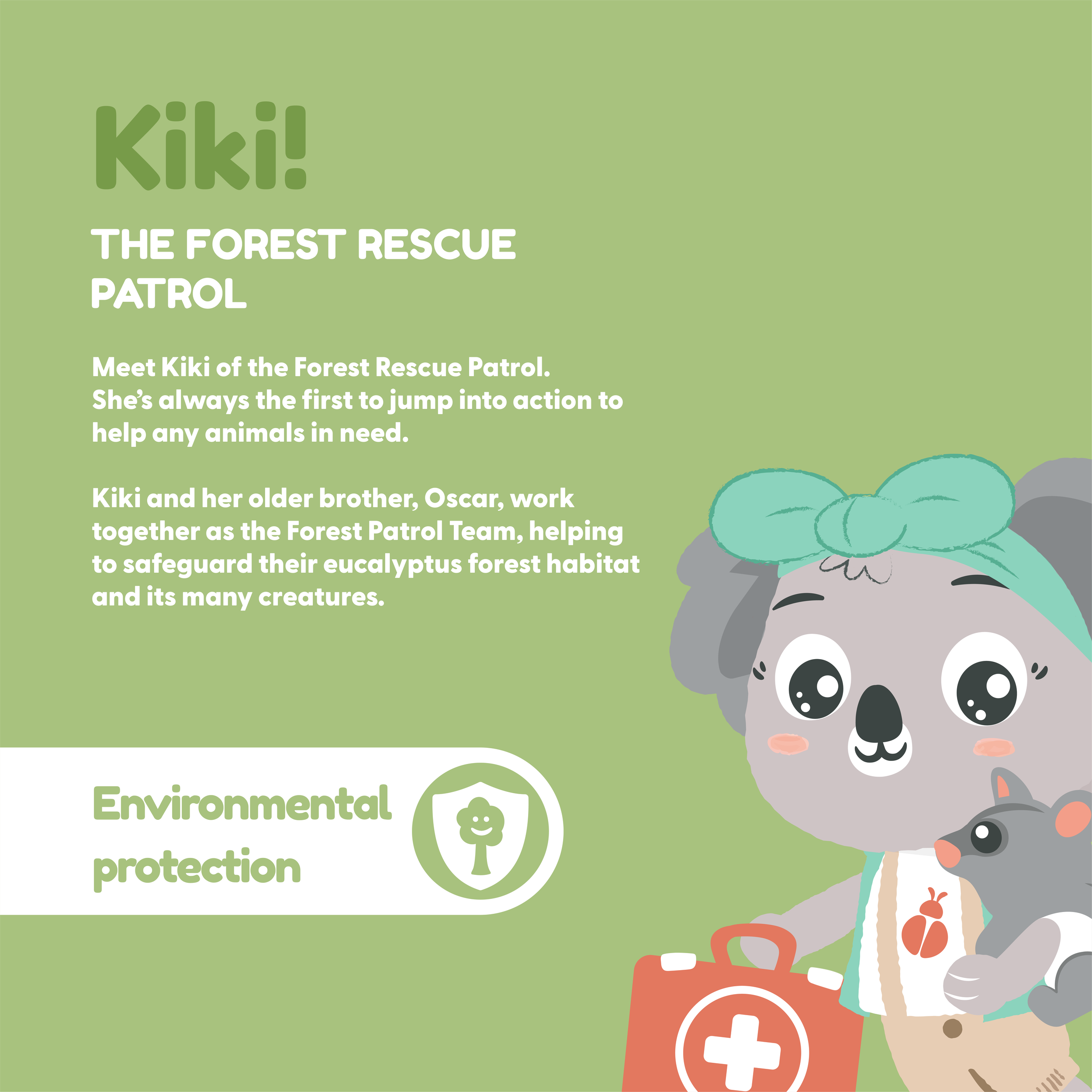Green Planet Explorers Ambassador Kiki the koala with a teal bow, holding a gray joey in her arms, next to text describing her personality and emphasizing environmental protection and forest rescue.