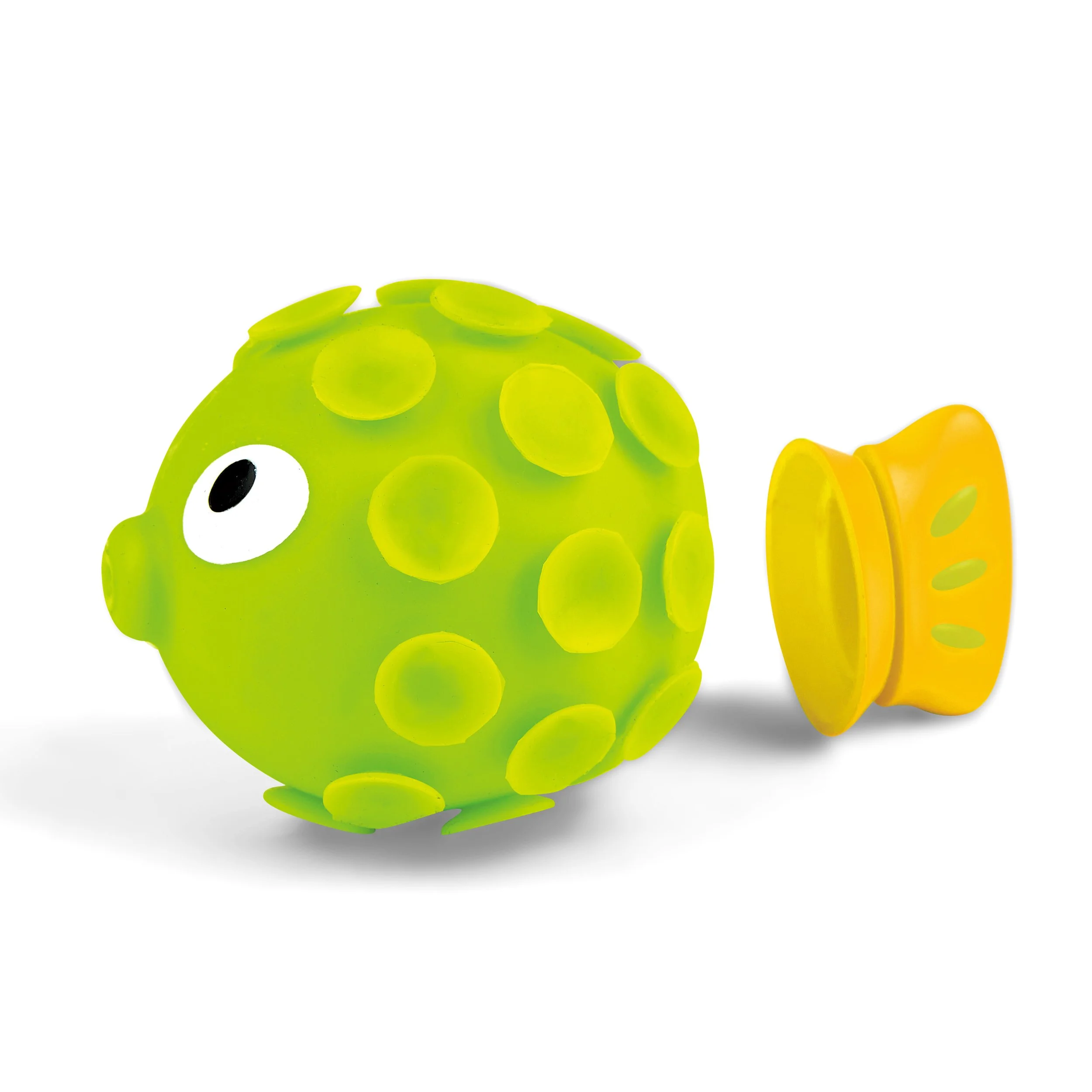 Green and yellow toy fish part of the Hape bath toy collection with a removable yellow fin.