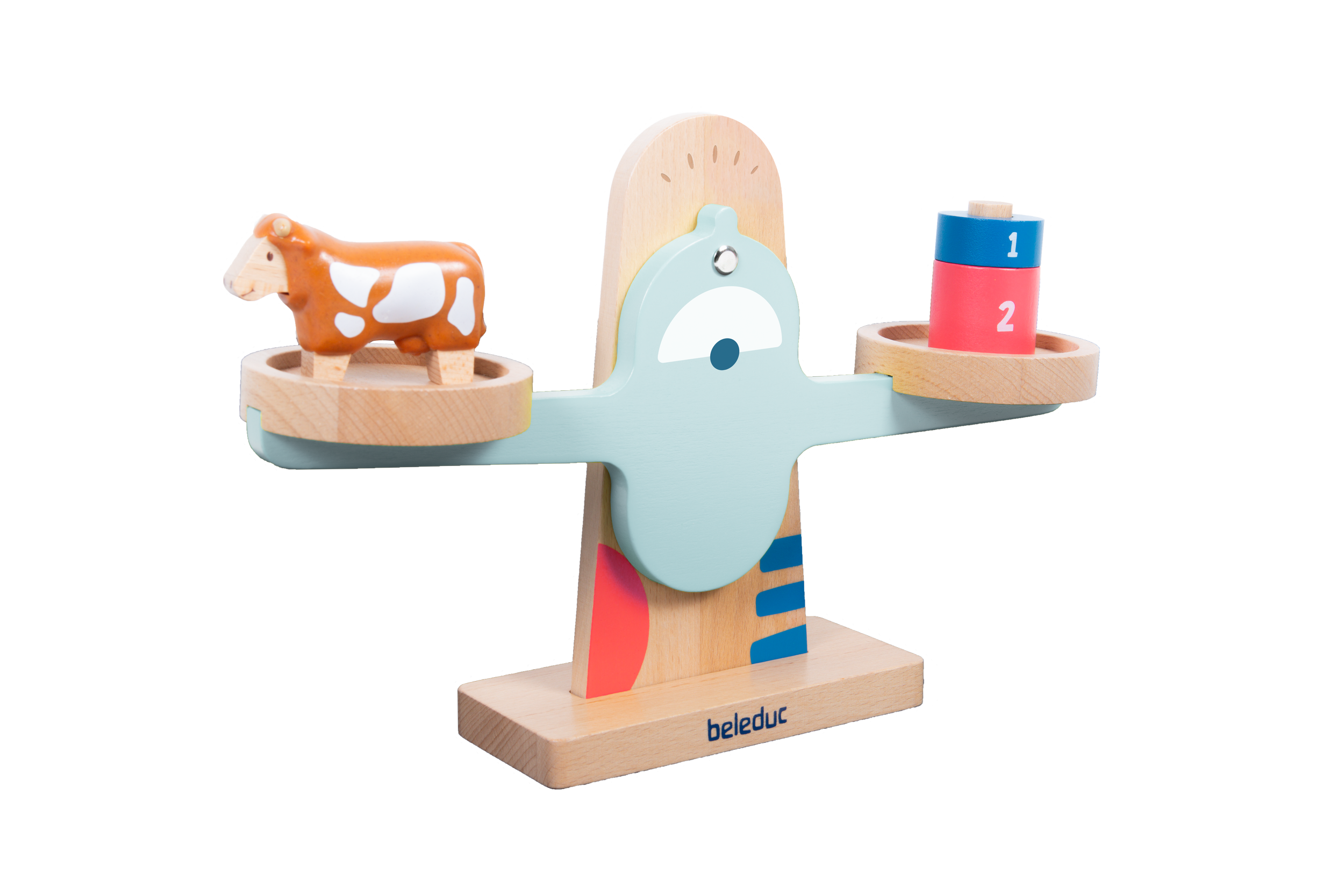 Wooden balance scale toy with blue and natural wood colors from Beleduc's Curious Tots boxes.