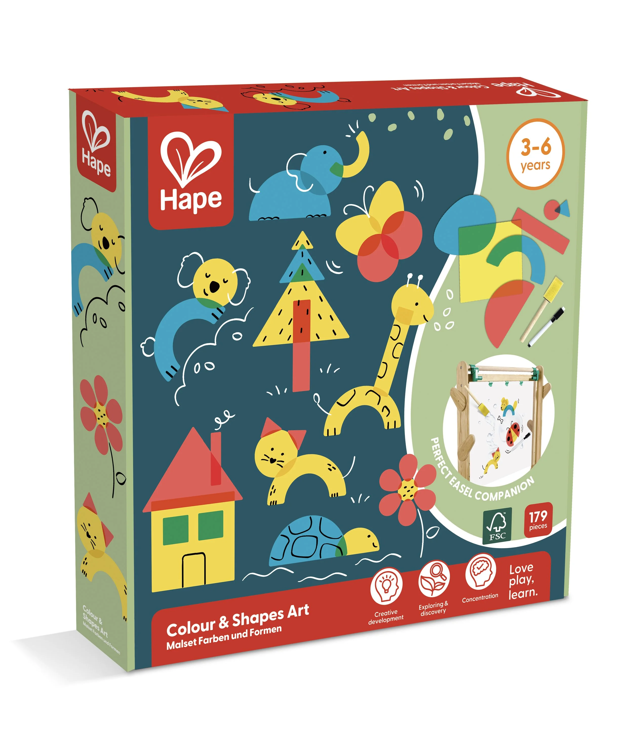 Children's art craft kit titled 'Colour & Shapes Art' by Hape containing 179 pieces for ages 3-6 years, includes colorful images of animals, trees, a house, a turtle, and a butterfly.