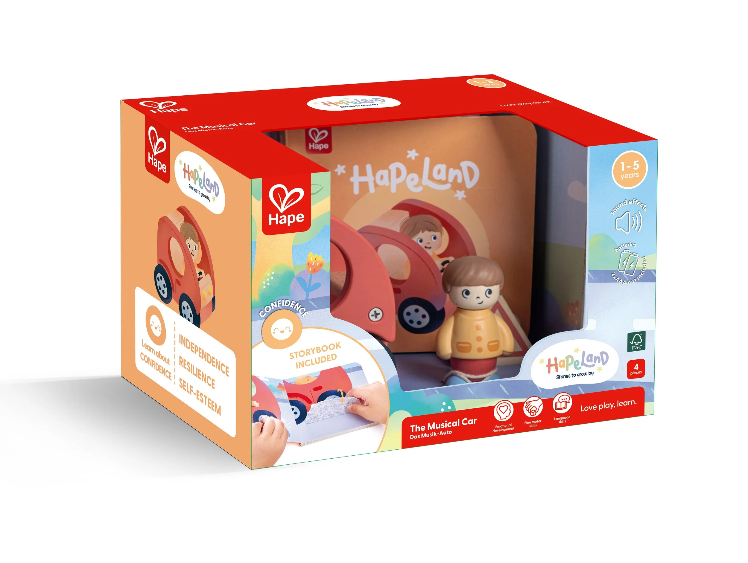 A toy set called 'The Musical Car' from Hape within colorful packaging, designed for children aged 1 to 5 years. It features a pink car and a small figurine of a boy, with various icons indicating sound effects, batteries, FSC certification, and four