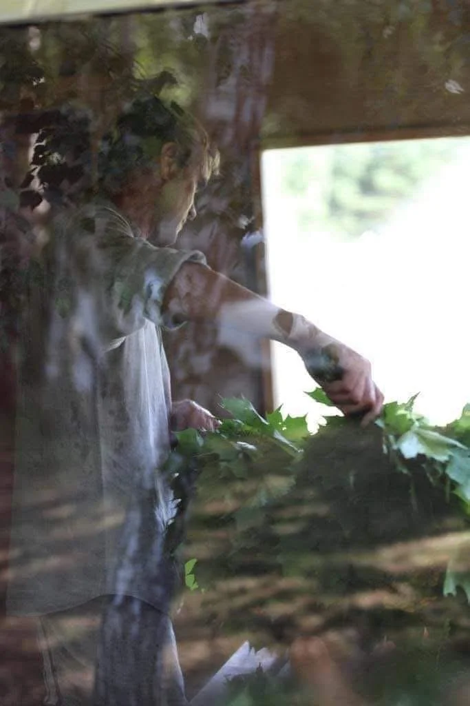A person with light-colored hair, wearing a grey shirt, arranging green leaves on a surface through a glass window.