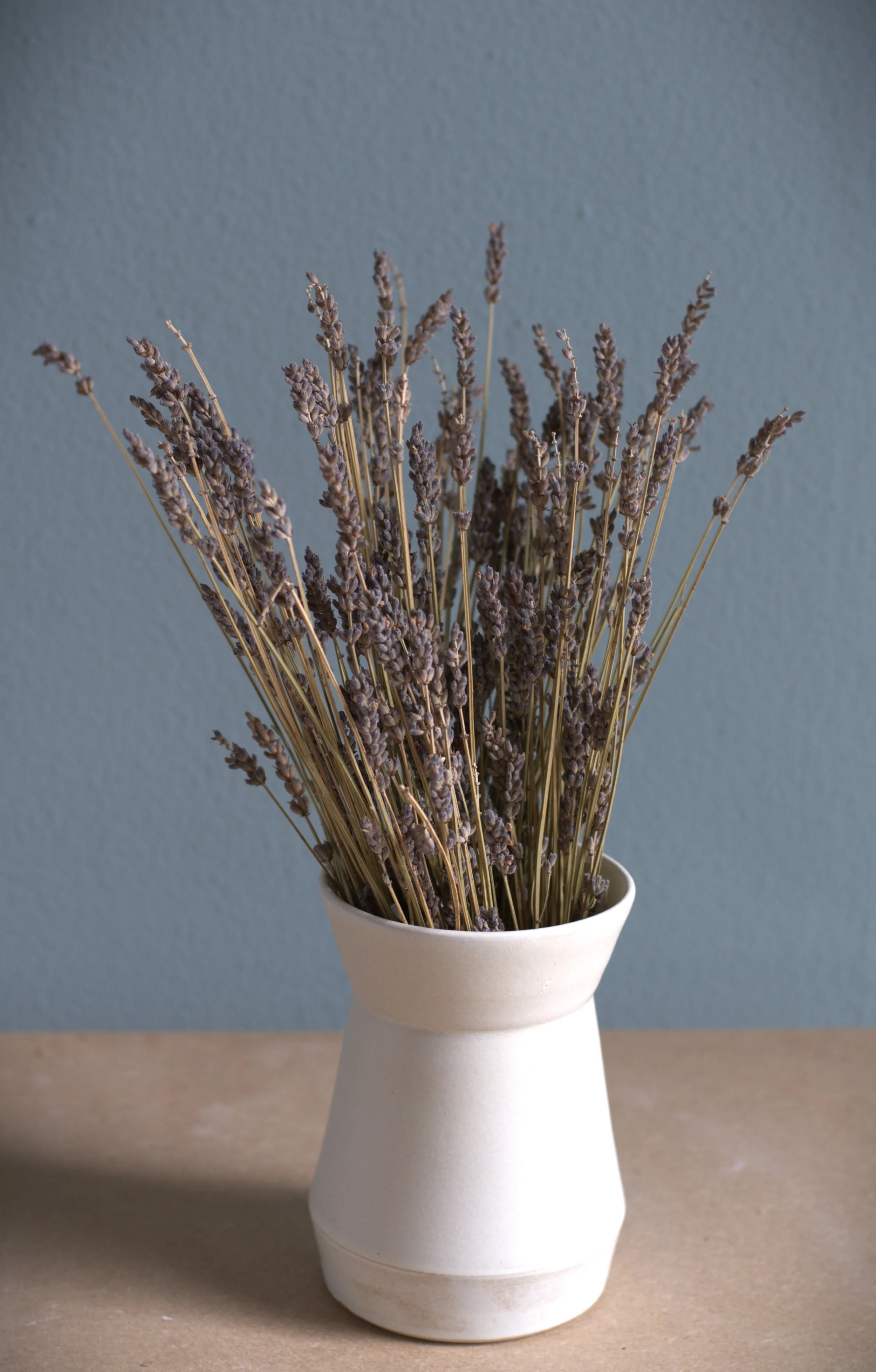Dried lavender flowers in a beige modern ceramic vase on a light wooden surface against a light blue wall.