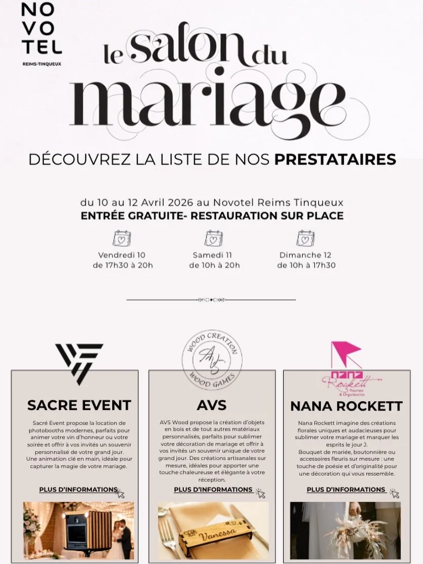 💍 Sacre Event au Salon du Mariage de Reims !

Nous avons le plaisir de vous annoncer que Sacre Event sera pr&eacute;sent au Salon du Mariage du 10 au 12 avril 2026 au Novotel Reims Tinqueux.

Venez d&eacute;couvrir notre borne photo (photobooth), id