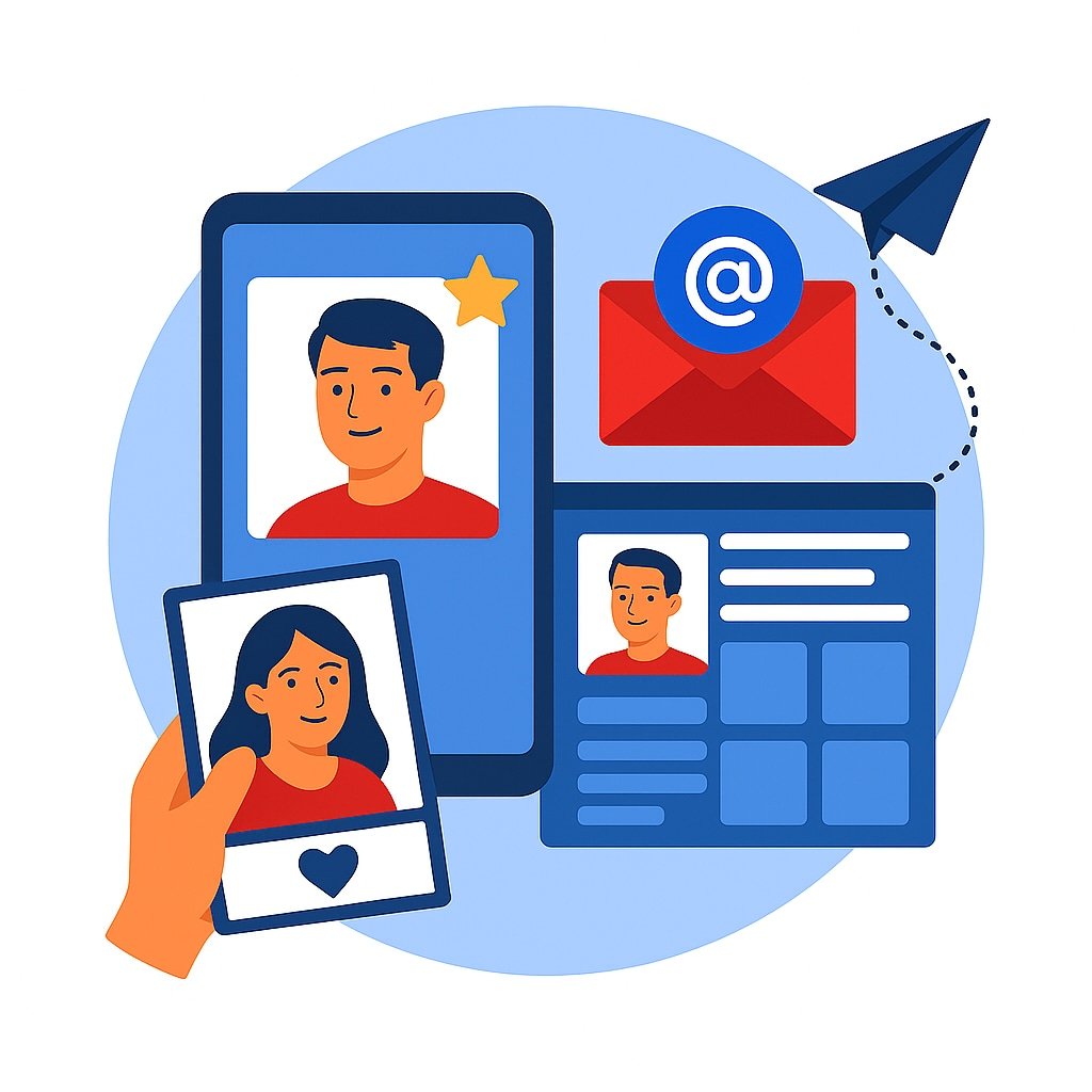 Illustration de profils de personnes, une main tenant une photo avec un cœur, un smartphone, un ordinateur portable, une enveloppe avec le symbole '@', et un avion en papier.