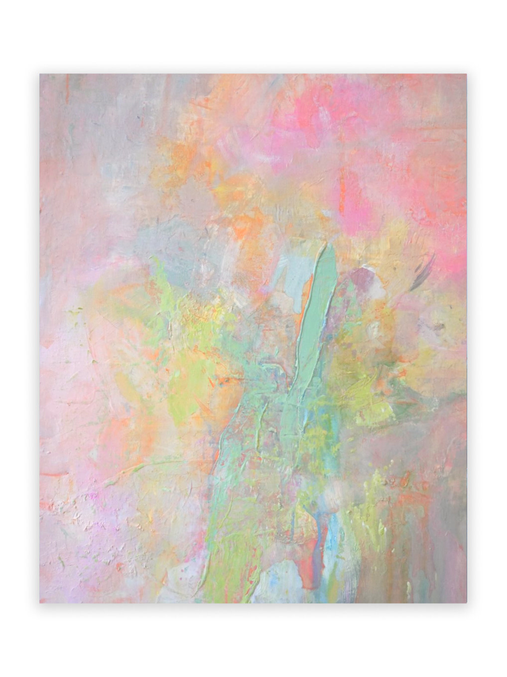 Abstraktes Gemälde mit pastellfarbenen Tönen in Rosa, Orange, Blau, Grün und Lila.