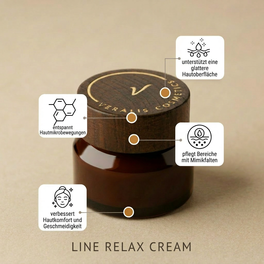 Minimalistische Darstellung einer Veralis Gesichtscreme mit SNAP-8 Peptid. Die Grafik zeigt Fakten über entspannte Hautmikrobewegungen, eine glattere Hautoberfläche und verbesserten Hautkomfort.