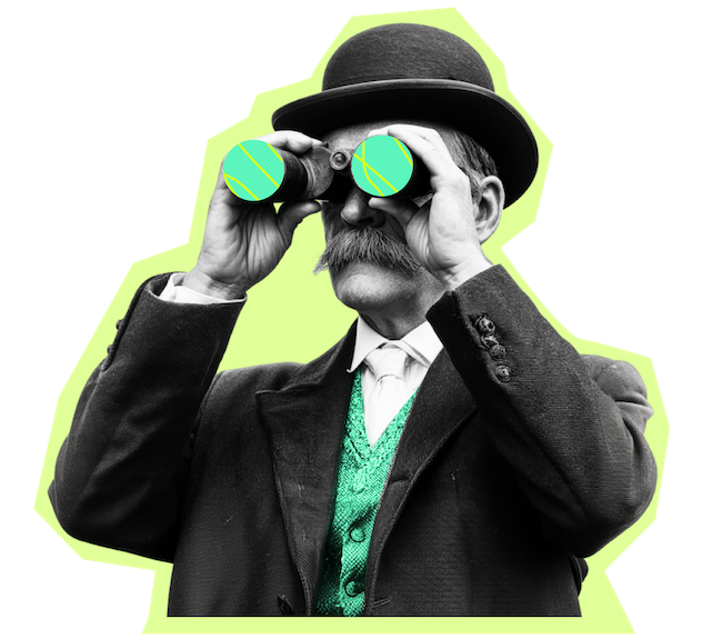 Man dressed in vintage clothing looking through binoculars with colorful lenses.